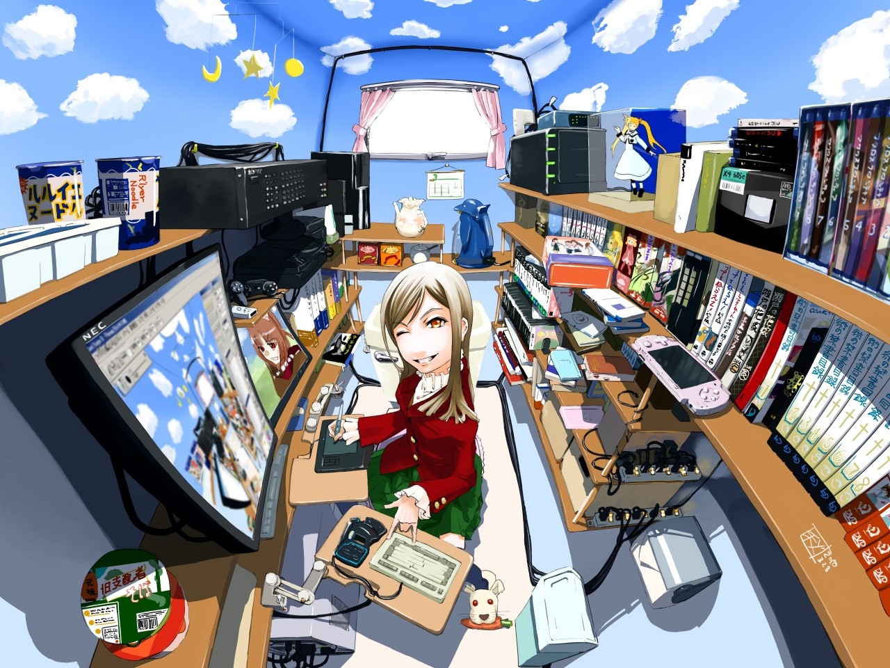 Anime girl working on a computer in a room HD Wallpaper