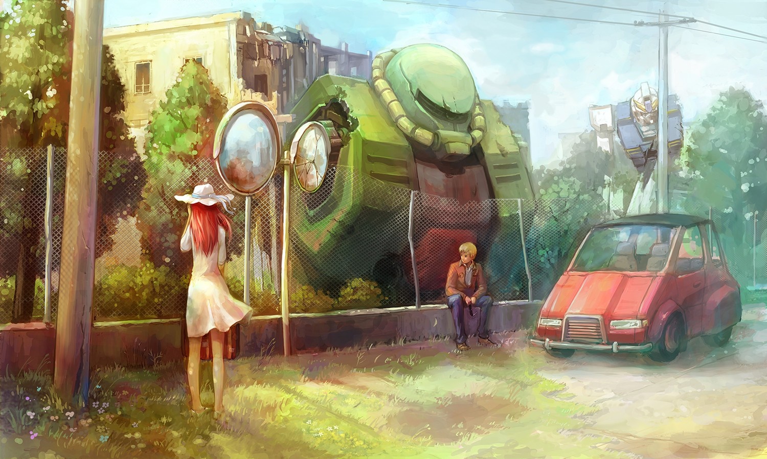 Illustration of a girl and boy with giant mechs and a car HD Wallpaper