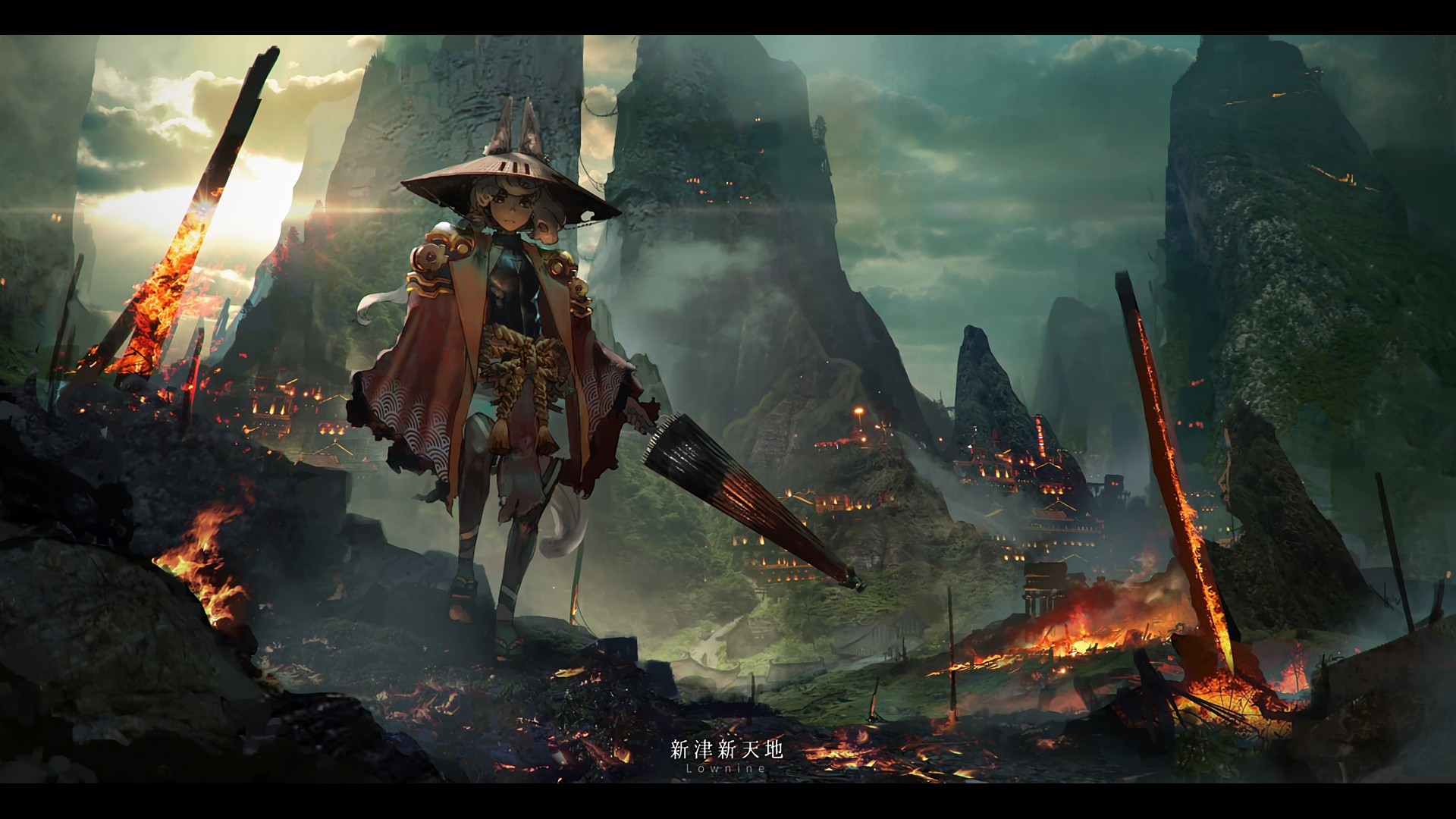 Anime character in a burning, mountainous landscape HD Wallpaper