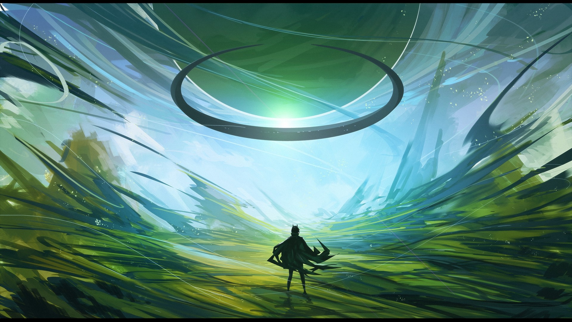 Illustration of a figure standing in a surreal green landscape under a ring. HD Wallpaper