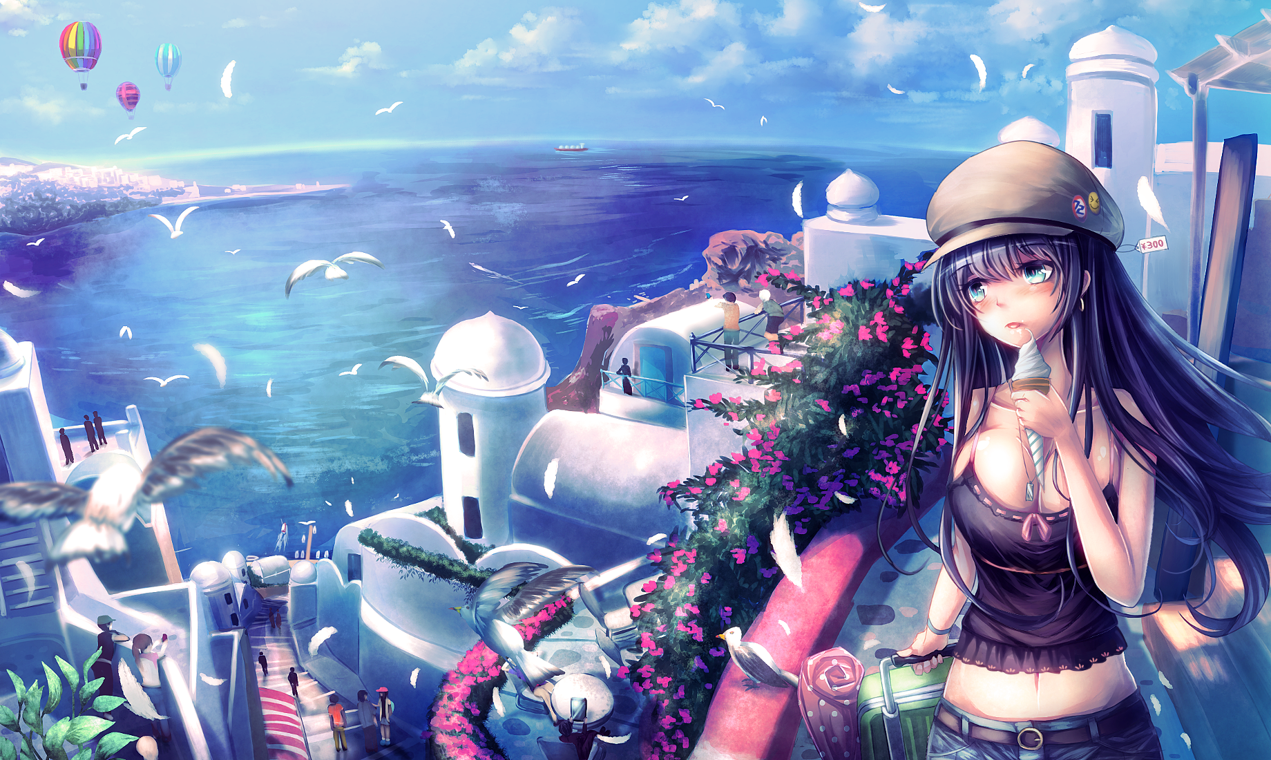 Anime girl with ice cream in a seaside town HD Wallpaper