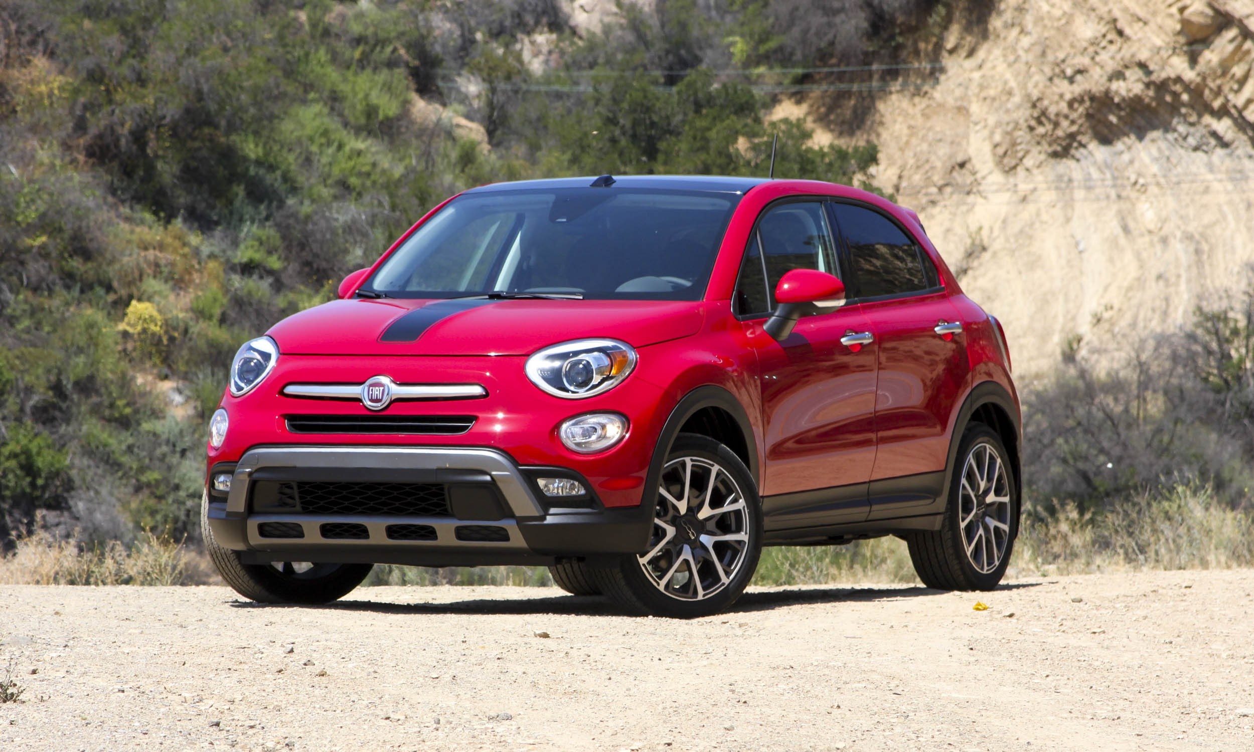 Red Fiat 500X parked on a dirt road HD Wallpaper