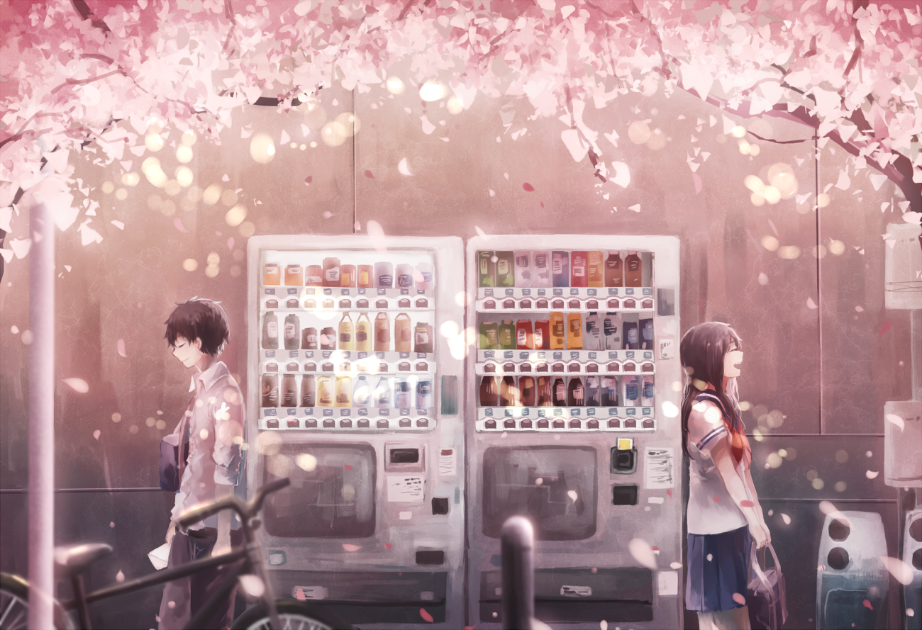 Anime teenagers by vending machines under cherry blossoms HD Wallpaper