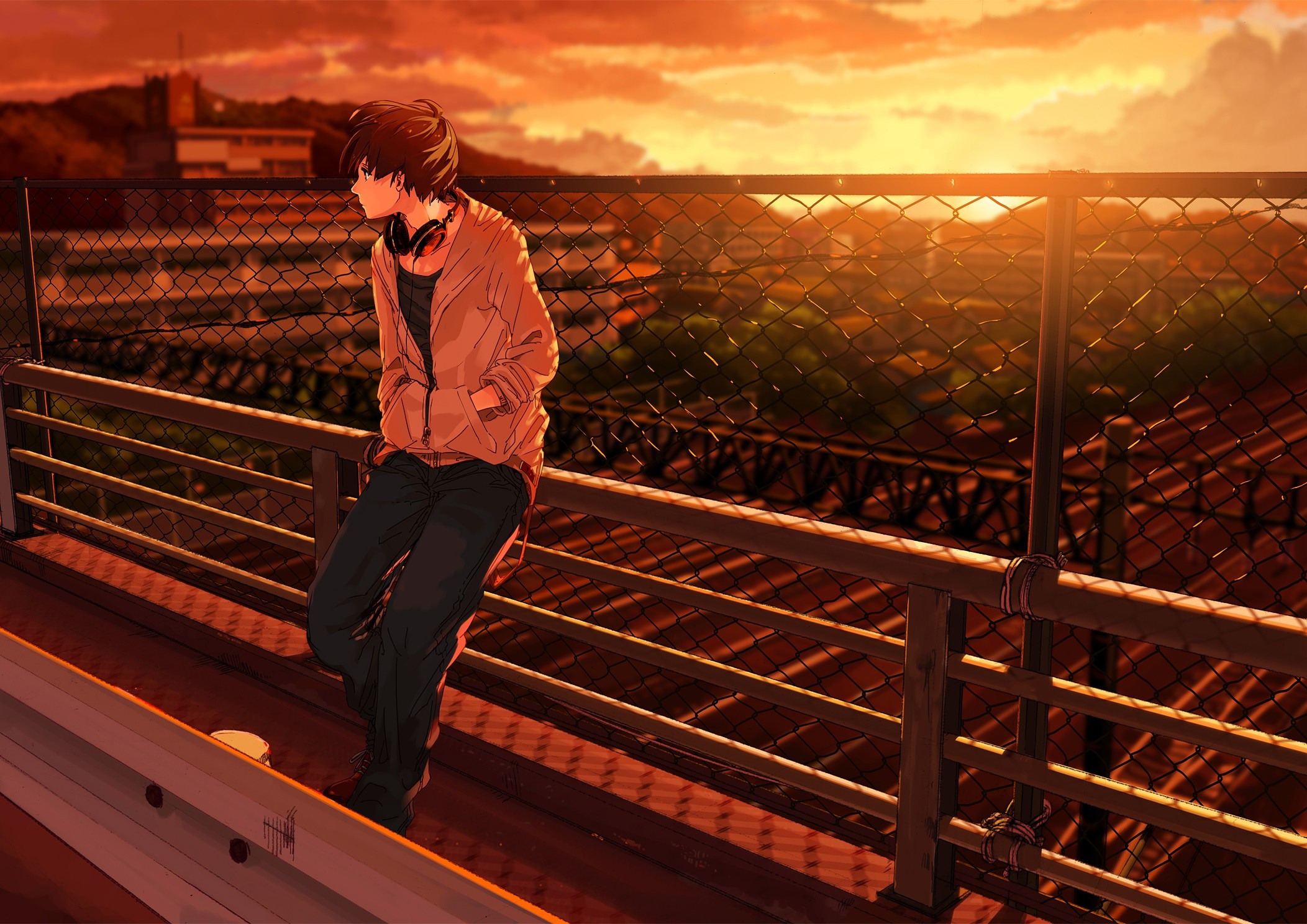 Anime boy with headphones on a bridge at sunset HD Wallpaper