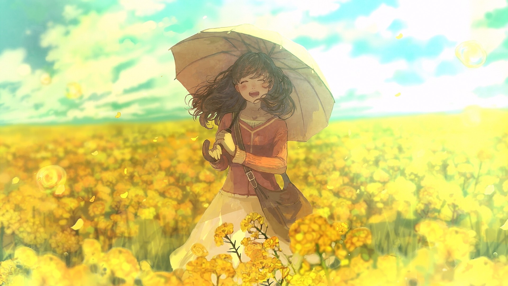 Anime girl with umbrella in a field of yellow flowers HD Wallpaper