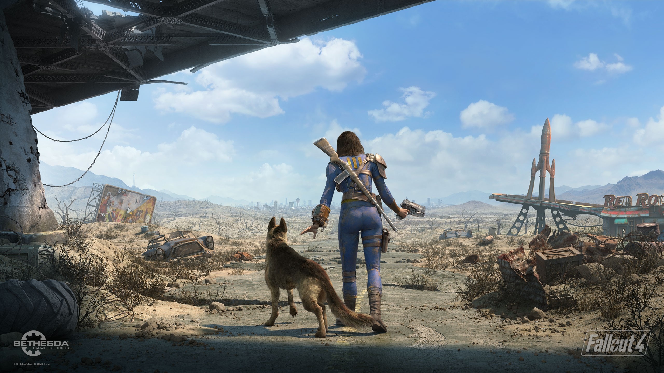 Fallout 4 screenshot of a female vault dweller and dog HD Wallpaper