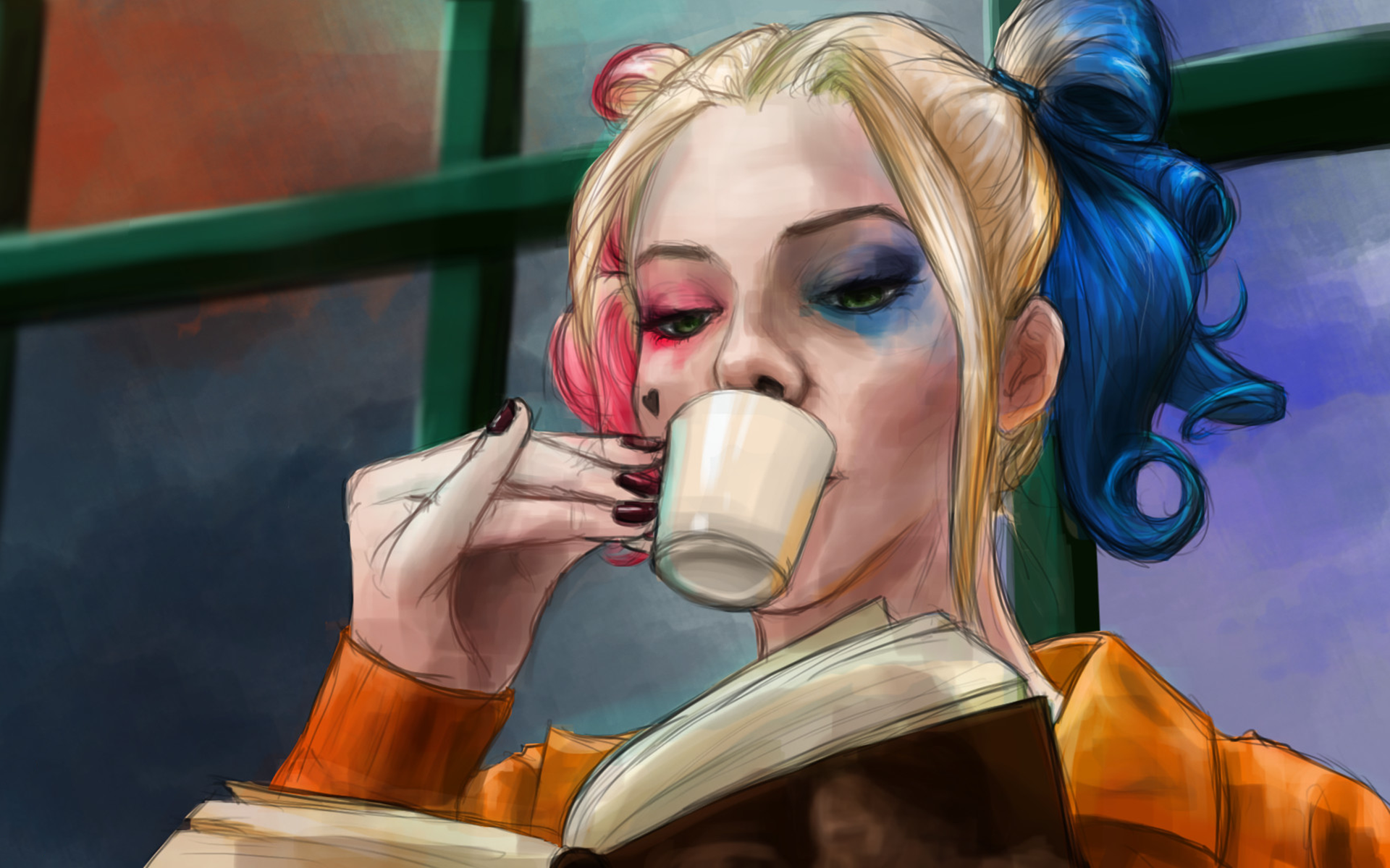Harley Quinn from DC Comics drinking coffee and reading HD Wallpaper
