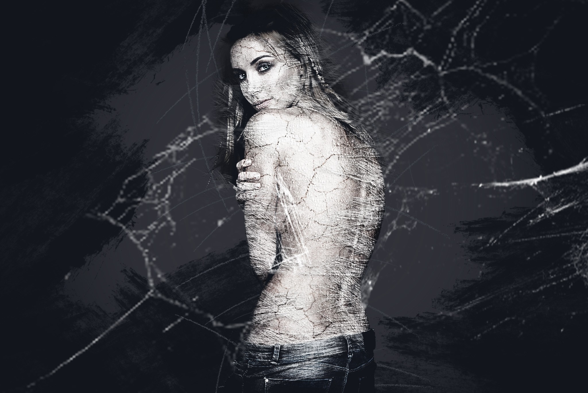 Monochrome portrait of a woman with cracked skin effect HD Wallpaper