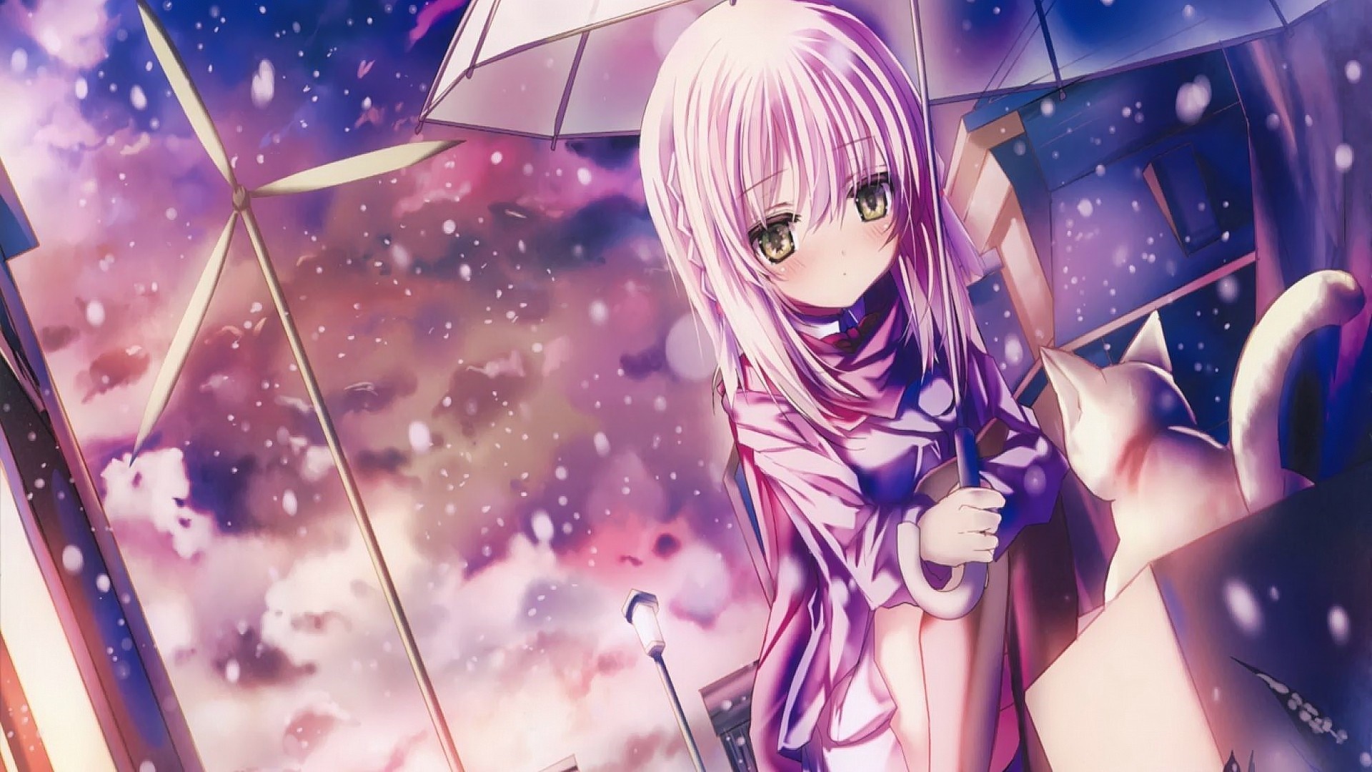 Anime girl with cat under umbrella in snow HD Wallpaper