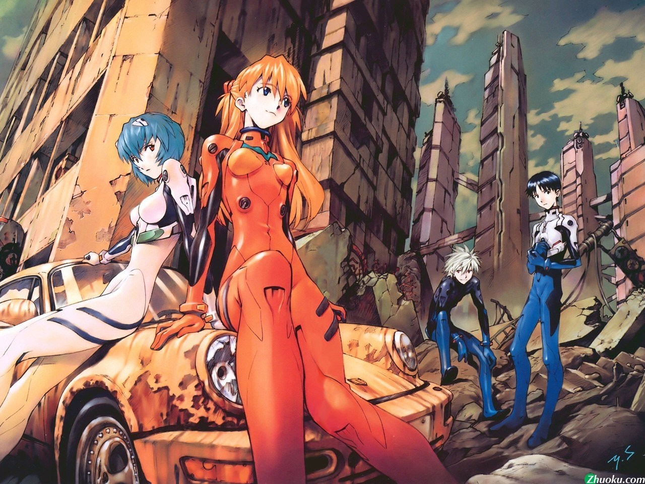 Asuka, Rei, Shinji, and Kaworu from Neon Genesis Evangelion HD Wallpaper