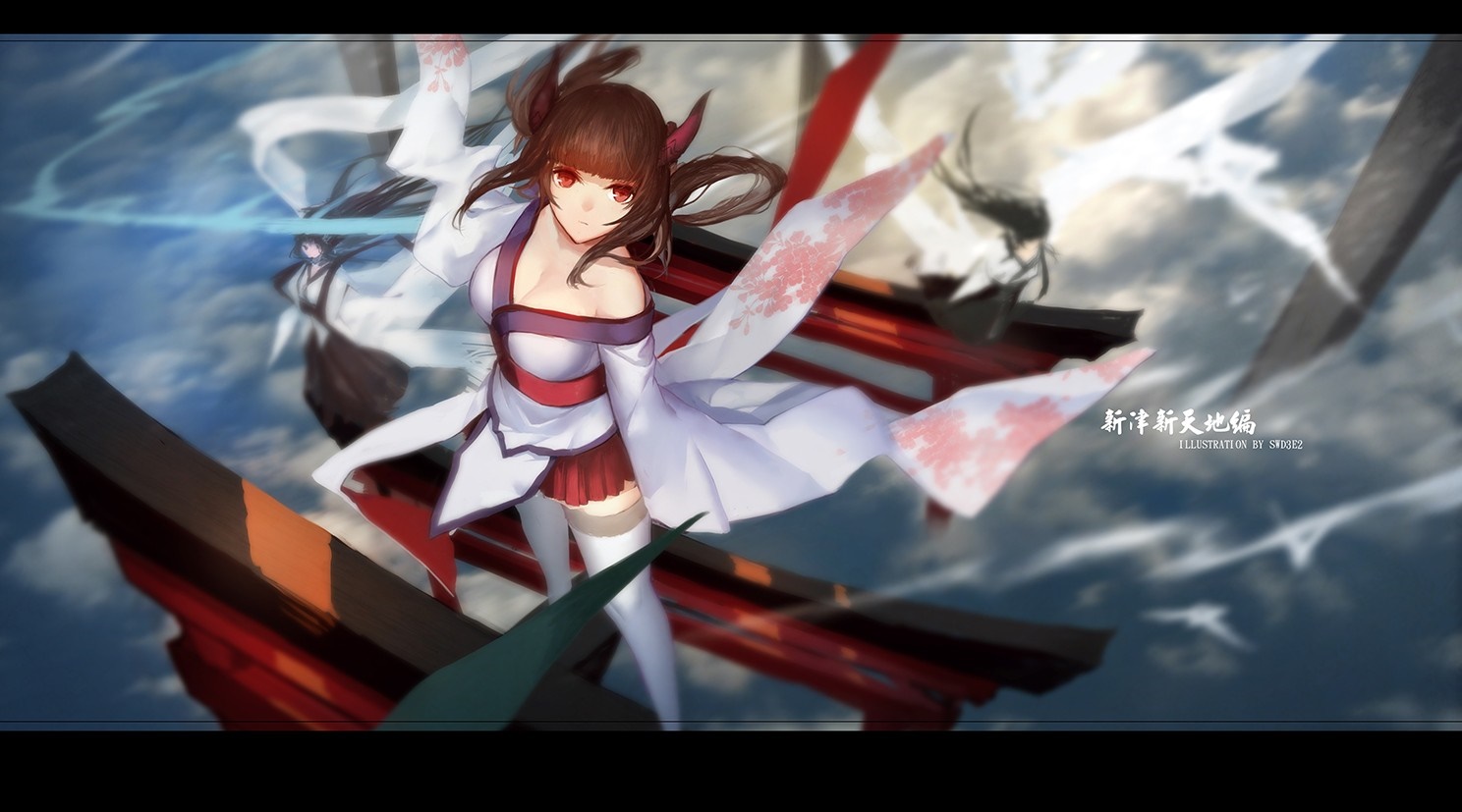 Anime girl with twintails and red eyes in Japanese clothes HD Wallpaper