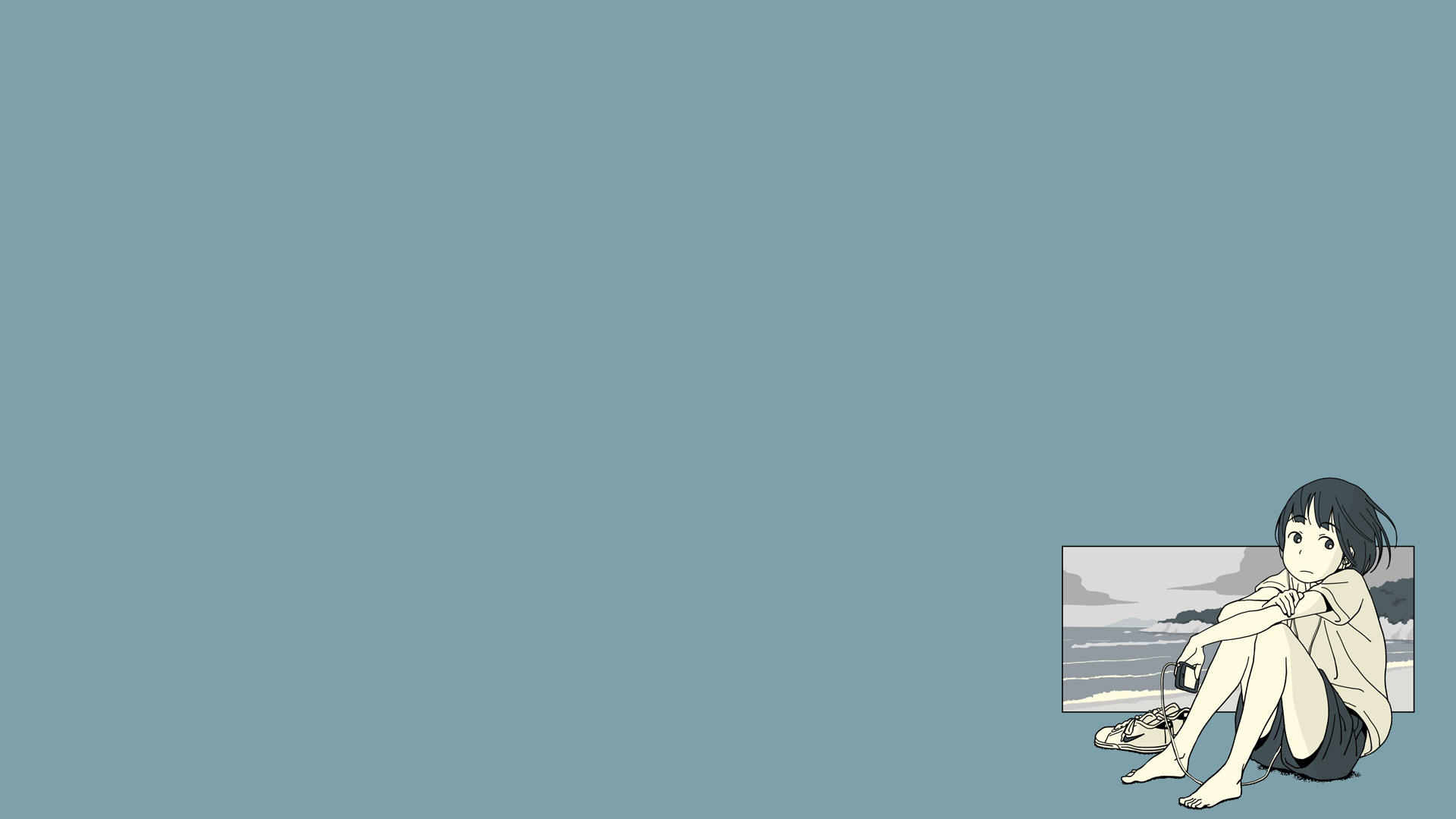 Anime girl sitting by the sea with headphones HD Wallpaper