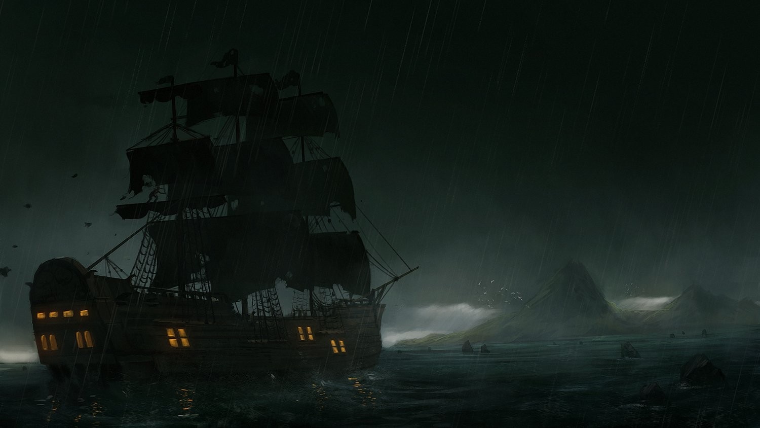 Ghost ship sailing in a stormy sea with rain HD Wallpaper