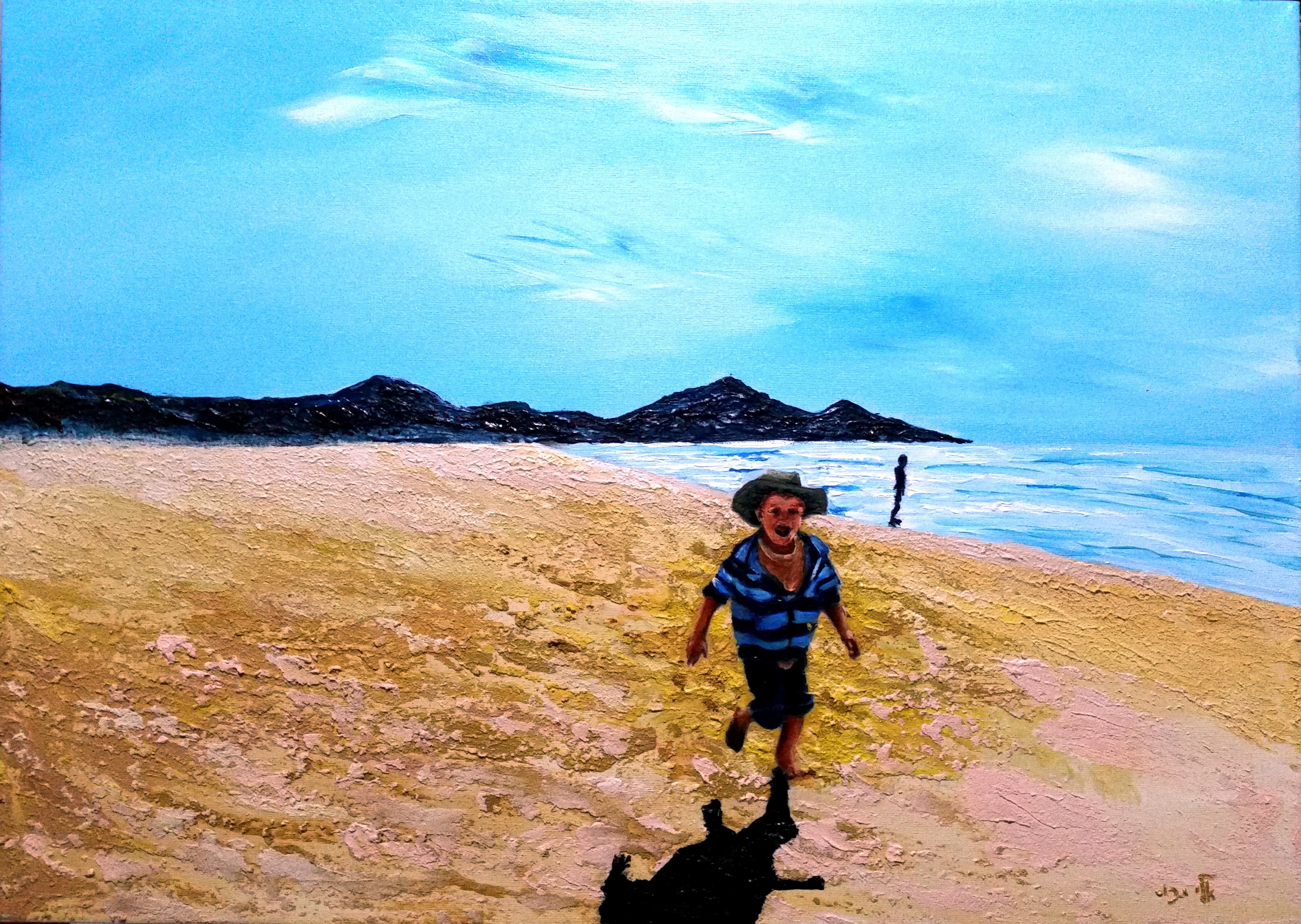 Oil painting of a child running on a beach near the ocean HD Wallpaper