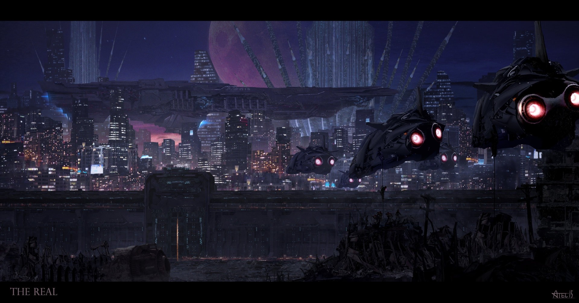 Science fiction city at night with spaceships HD Wallpaper