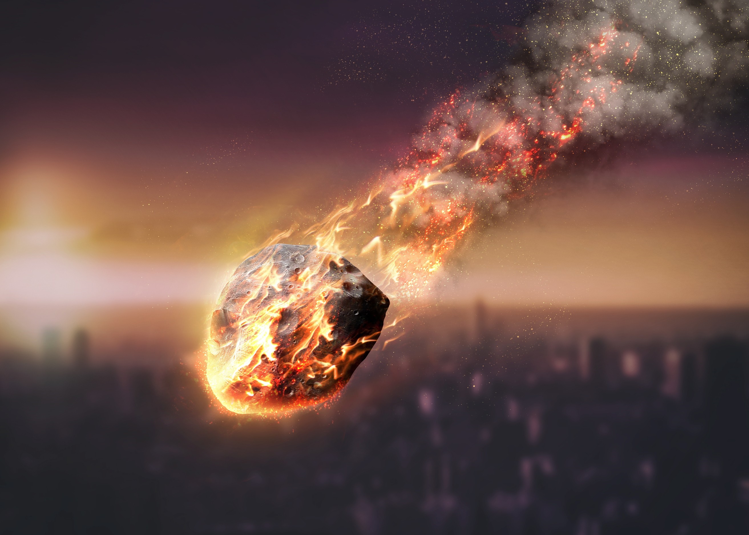 Meteor burning up in Earth's atmosphere over city HD Wallpaper