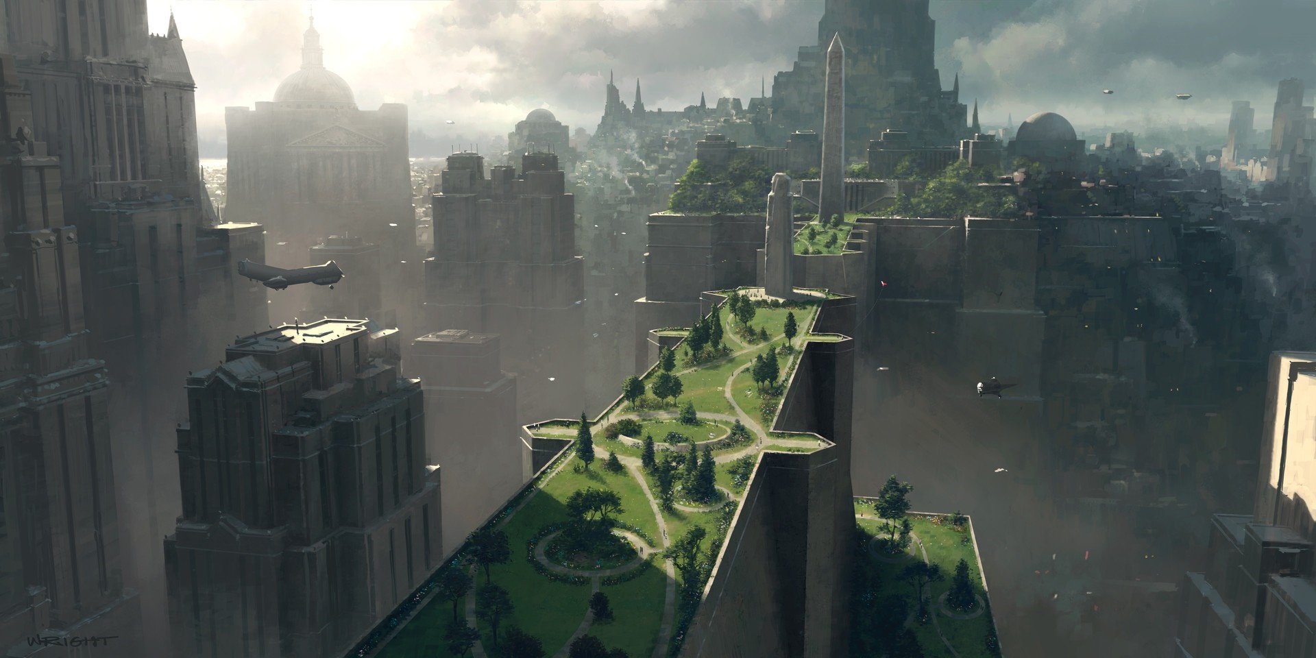 Science fiction cityscape with flying vehicles and green spaces HD Wallpaper