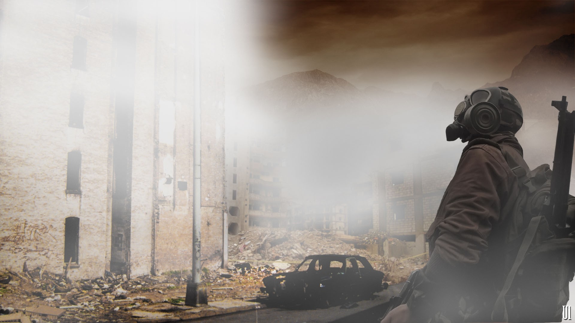 Soldier with gas mask in apocalyptic ruins HD Wallpaper