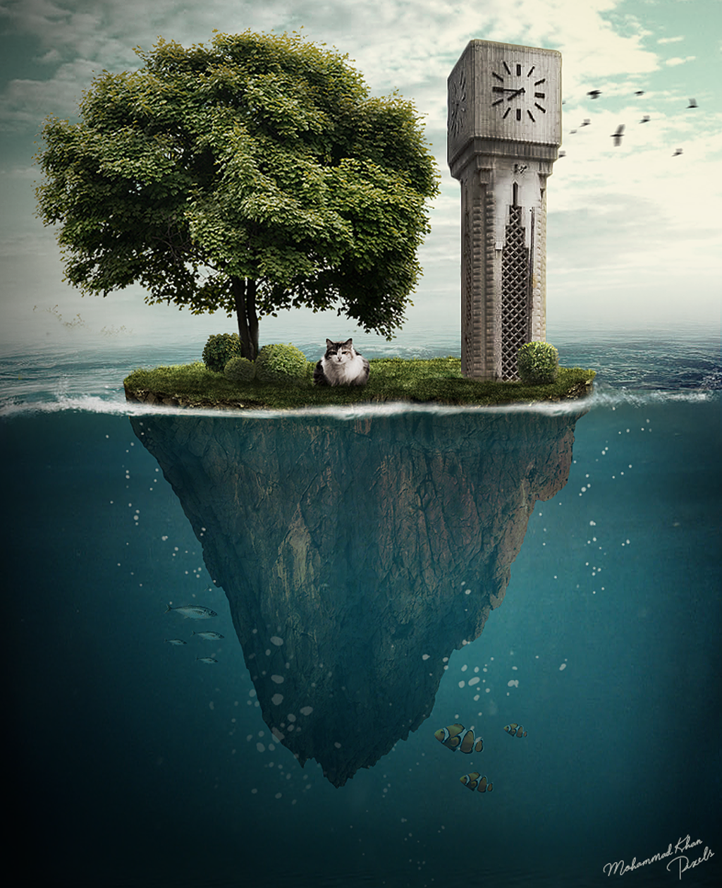 Floating island with cat and clock tower HD Wallpaper
