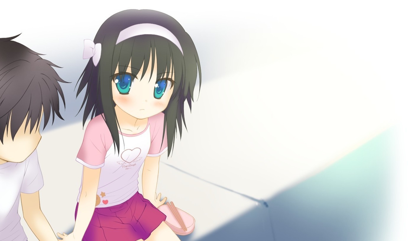 Anime girl with black hair and blue eyes sitting with boy HD Wallpaper
