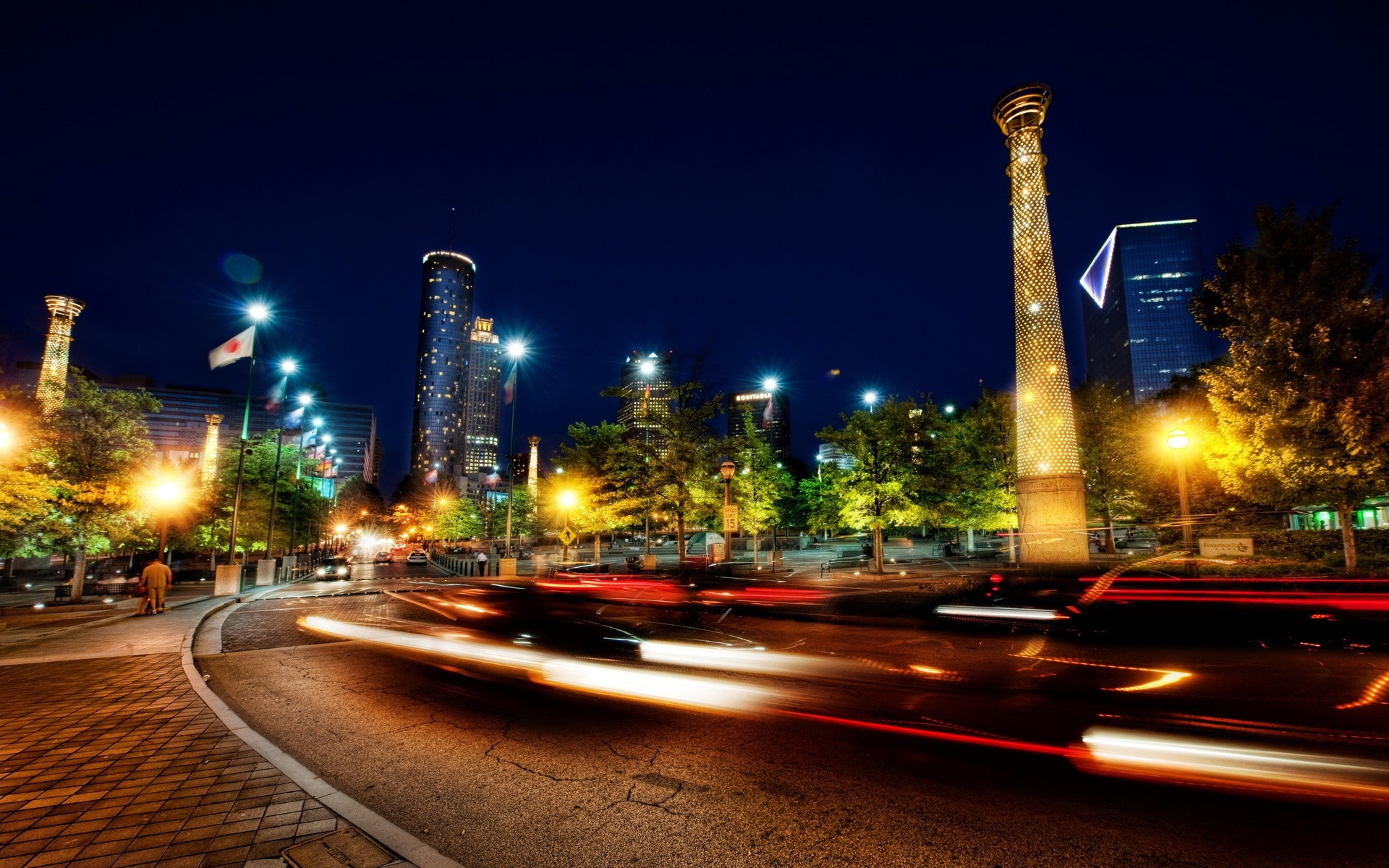 Atlanta cityscape at night with Centennial Olympic Park landmarks HD Wallpaper