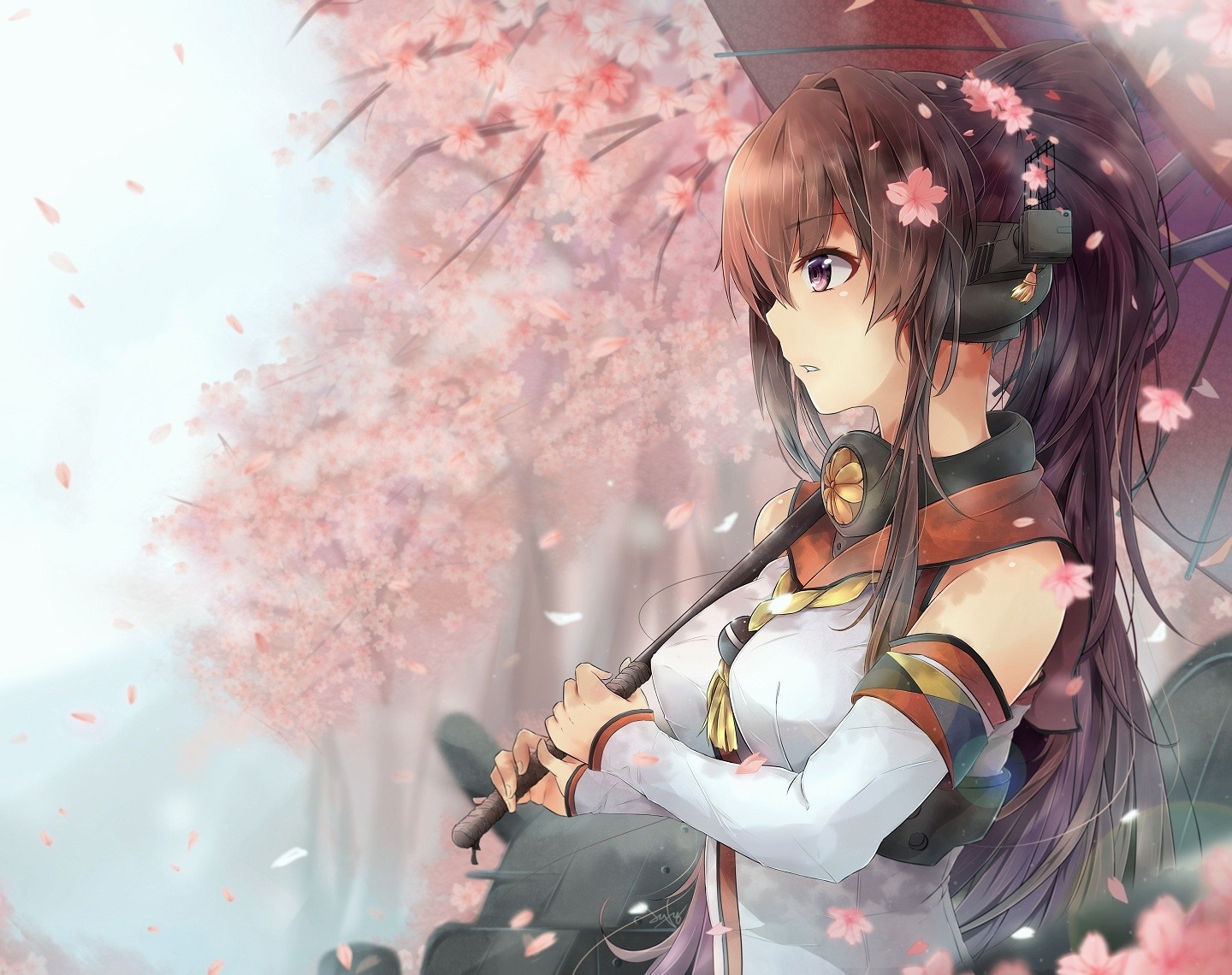 Yamato from Kantai Collection with Cherry Blossoms HD Wallpaper