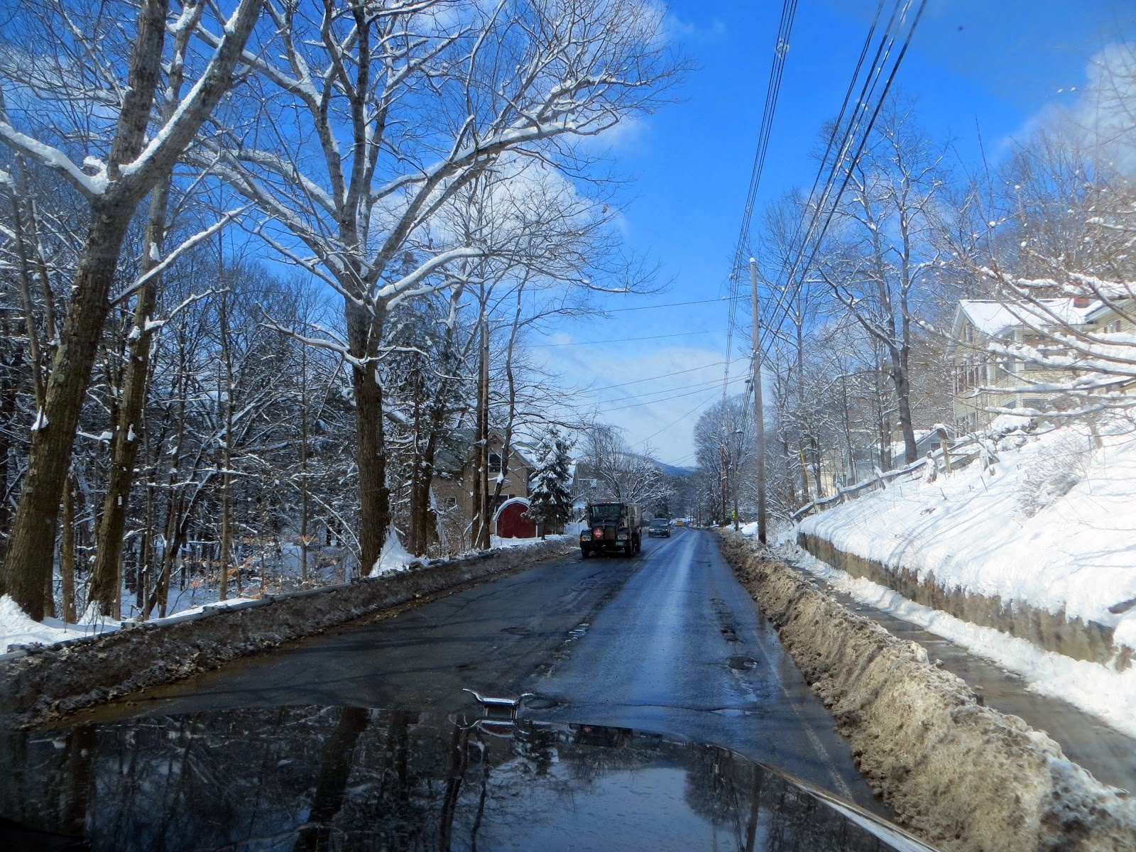 Snowy road in Vermont with trees and power lines HD Wallpaper