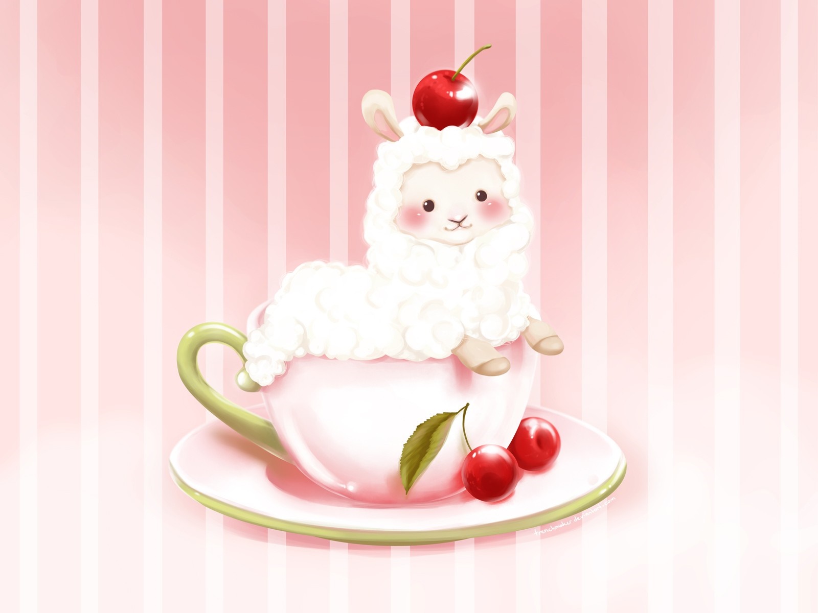Cute sheep in a teacup with cherries HD Wallpaper