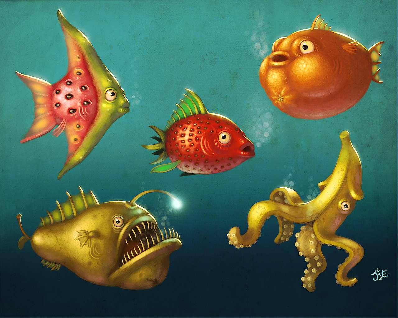 Whimsical underwater scene with anthropomorphic fruits and sea creatures HD Wallpaper