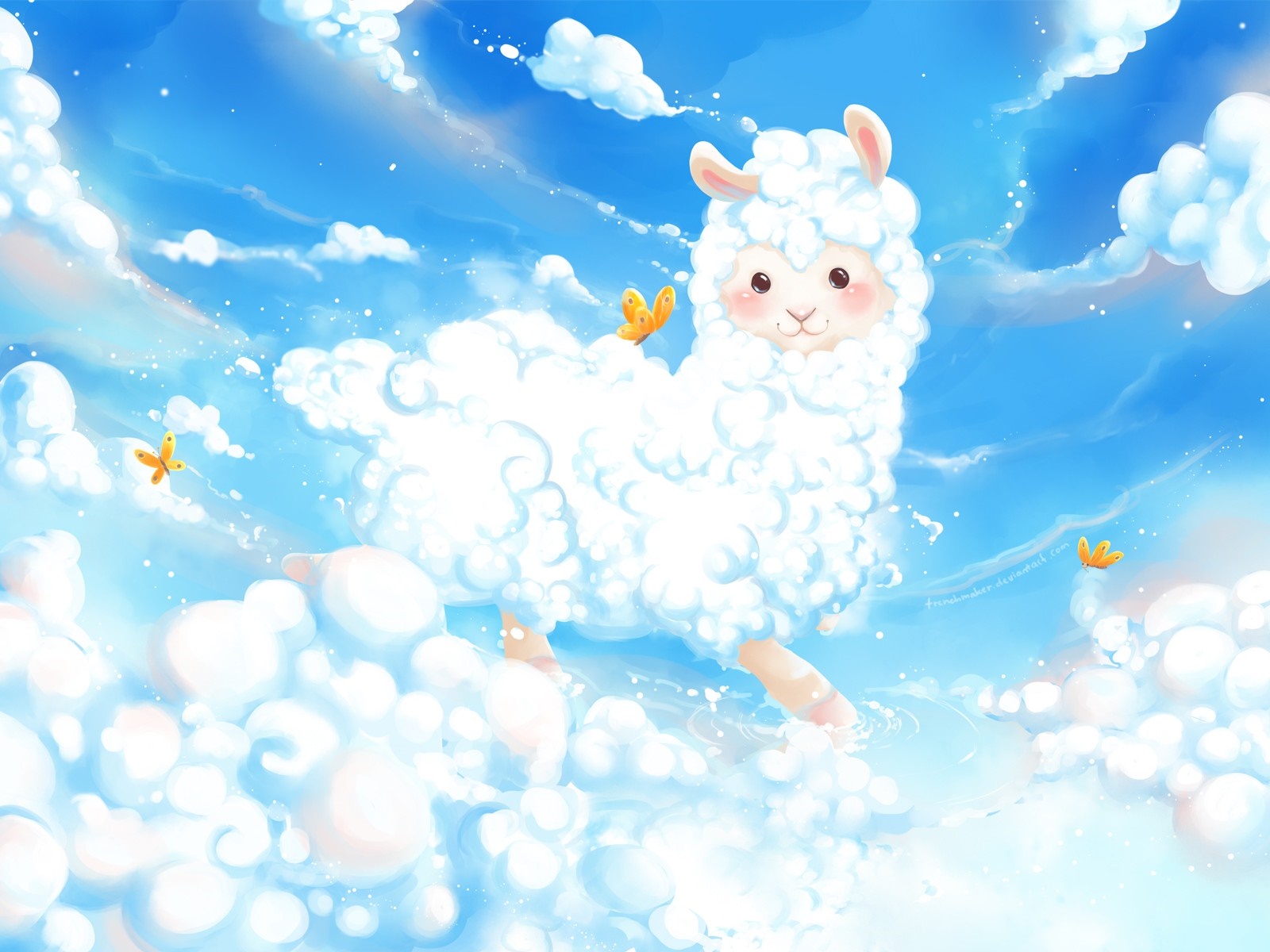 Alpaca walking on clouds with butterflies HD Wallpaper