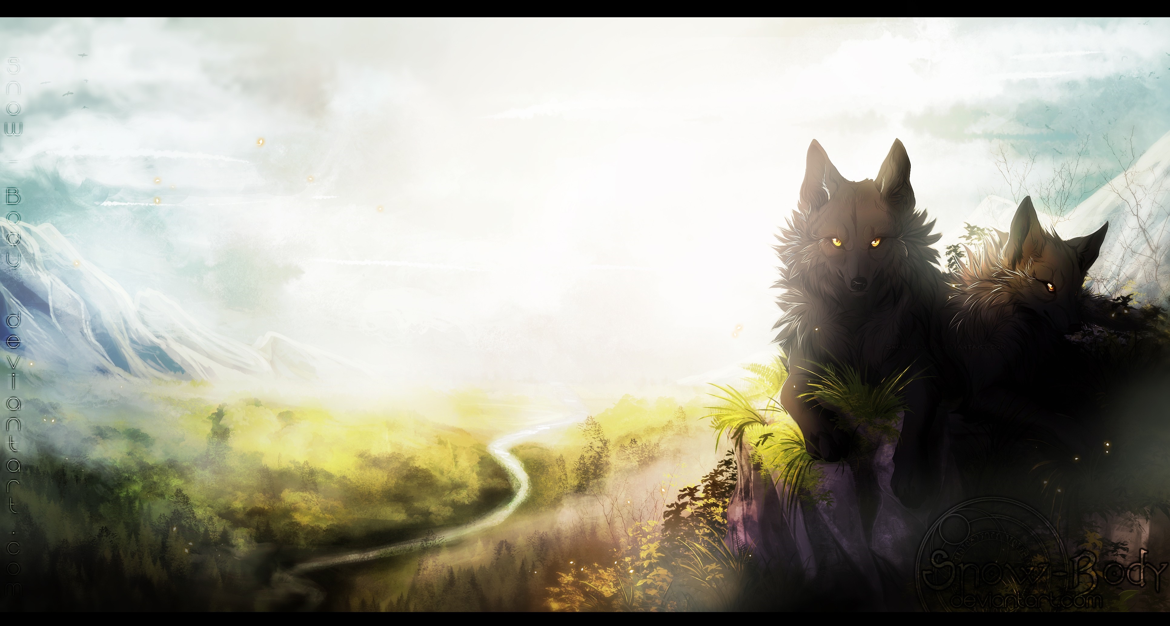 Two wolves on a cliff overlooking a misty valley HD Wallpaper