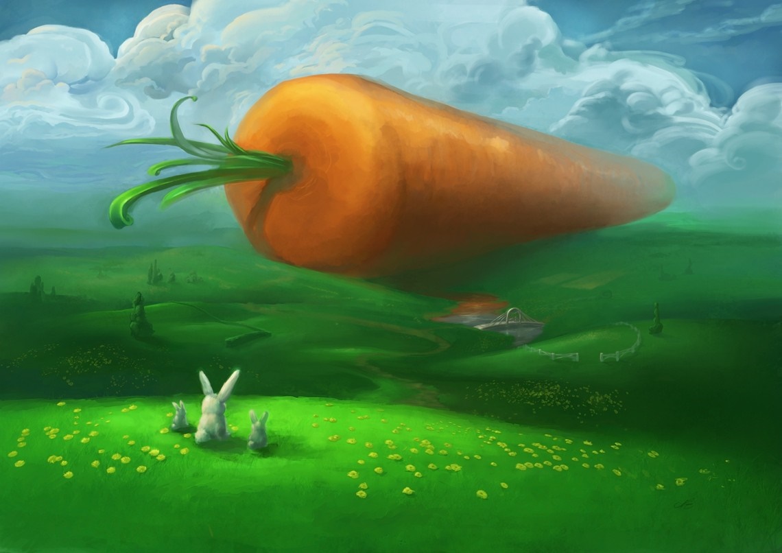Giant carrot over a green landscape with rabbits HD Wallpaper