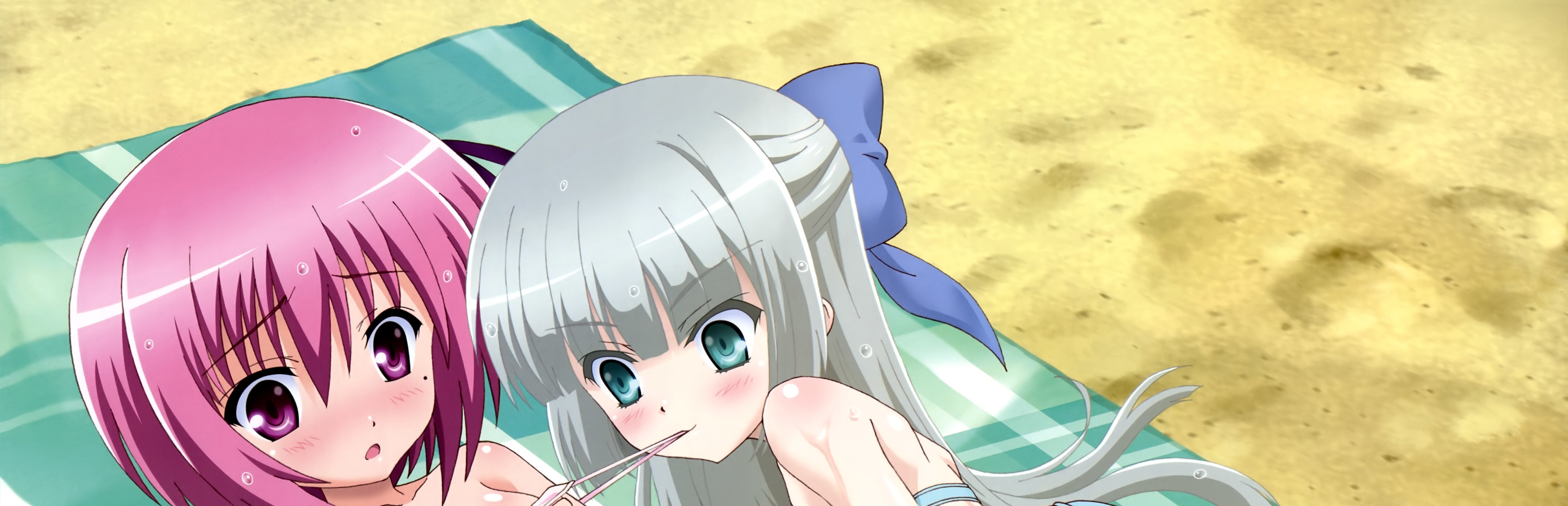 Two anime girls on a beach towel HD Wallpaper