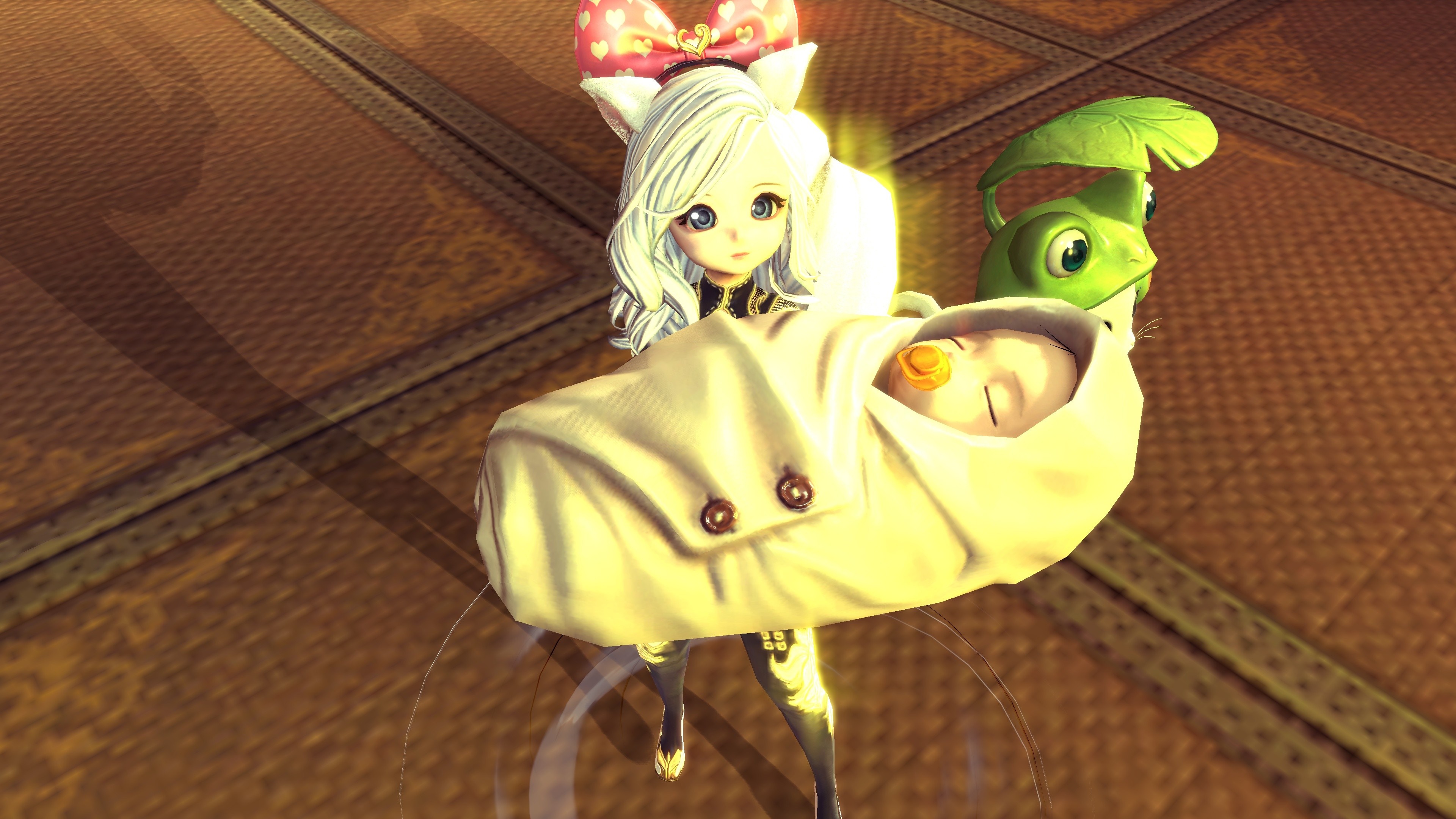 Girl holding a baby and a green creature in Blade & Soul HD Wallpaper
