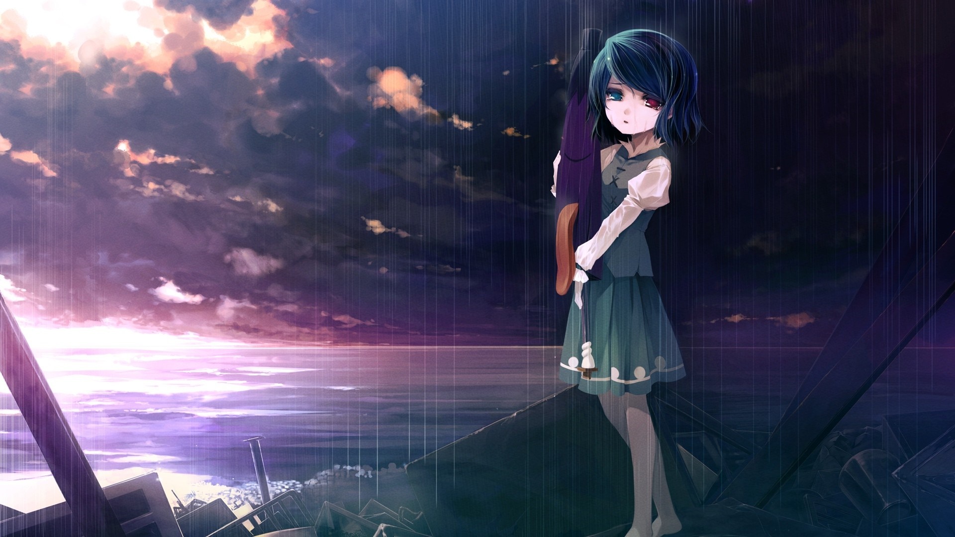 Anime girl with umbrella in a rainy, post-apocalyptic setting HD Wallpaper