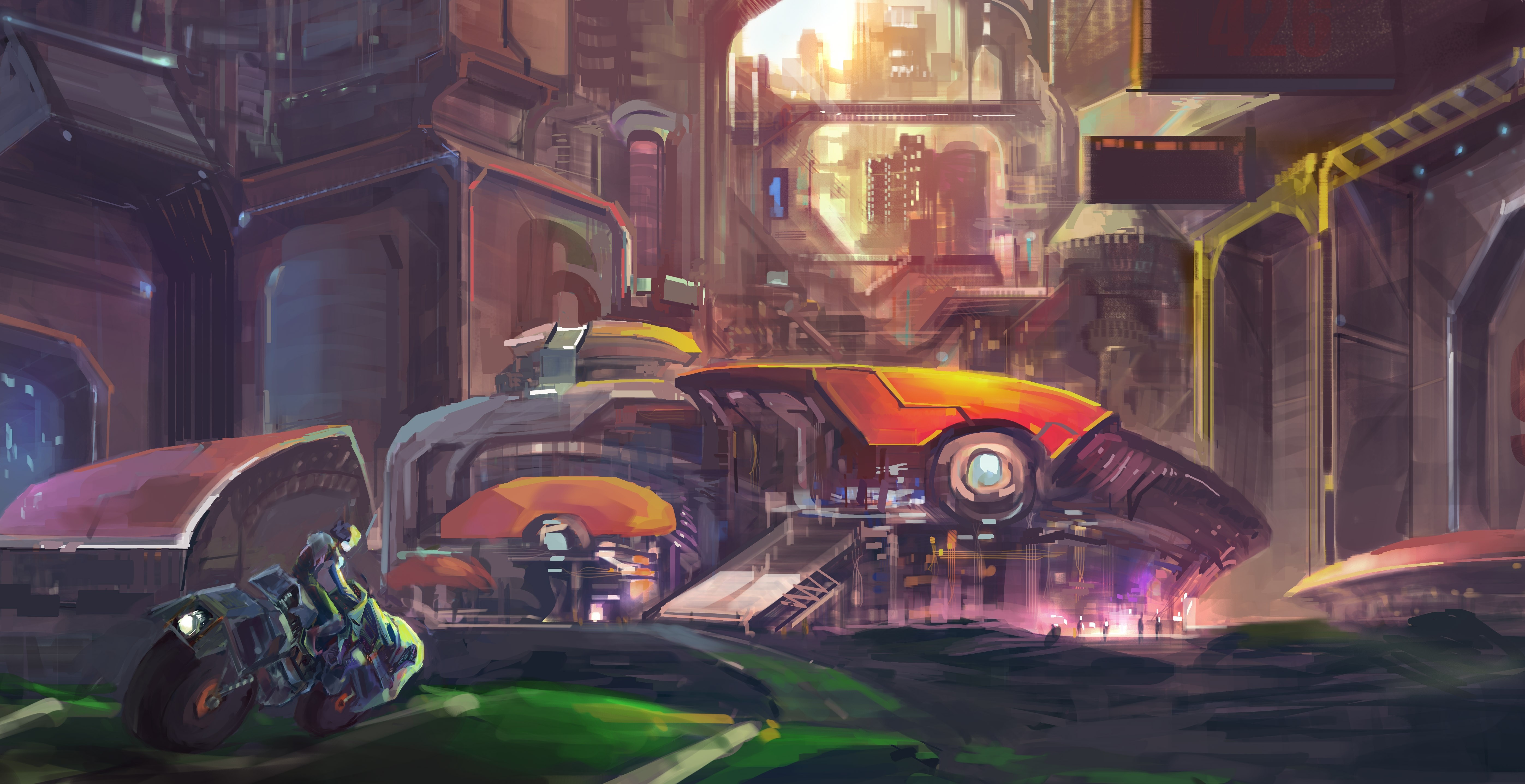 Futuristic city artwork with motorcycle HD Wallpaper