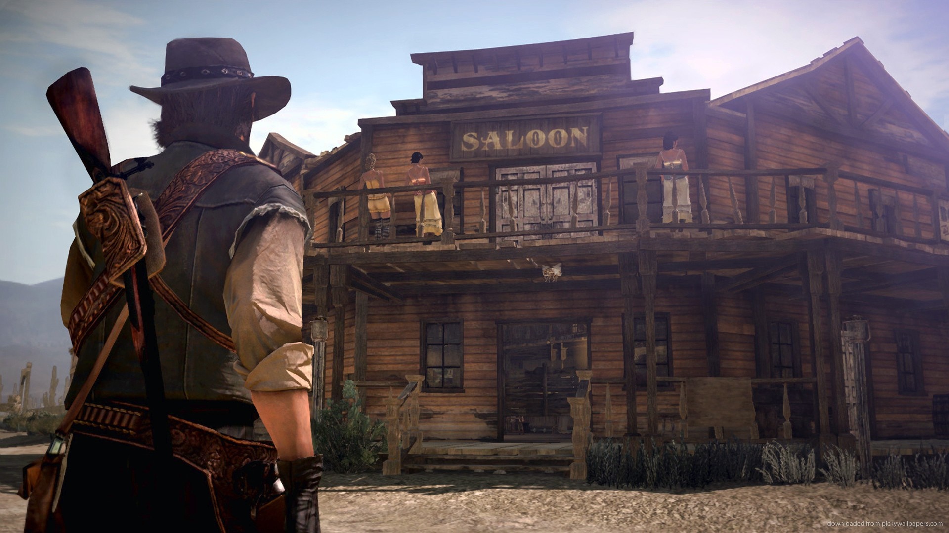 Man with rifle in front of a saloon in Red Dead Redemption HD Wallpaper