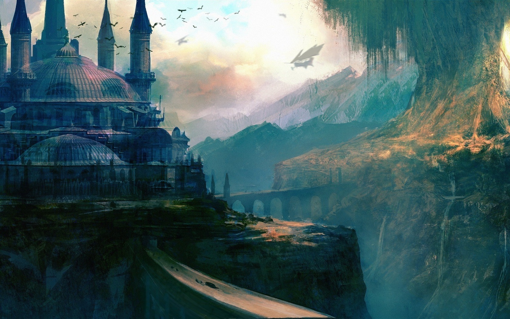Fantasy castle on a cliff with mountains and flying vehicles HD Wallpaper