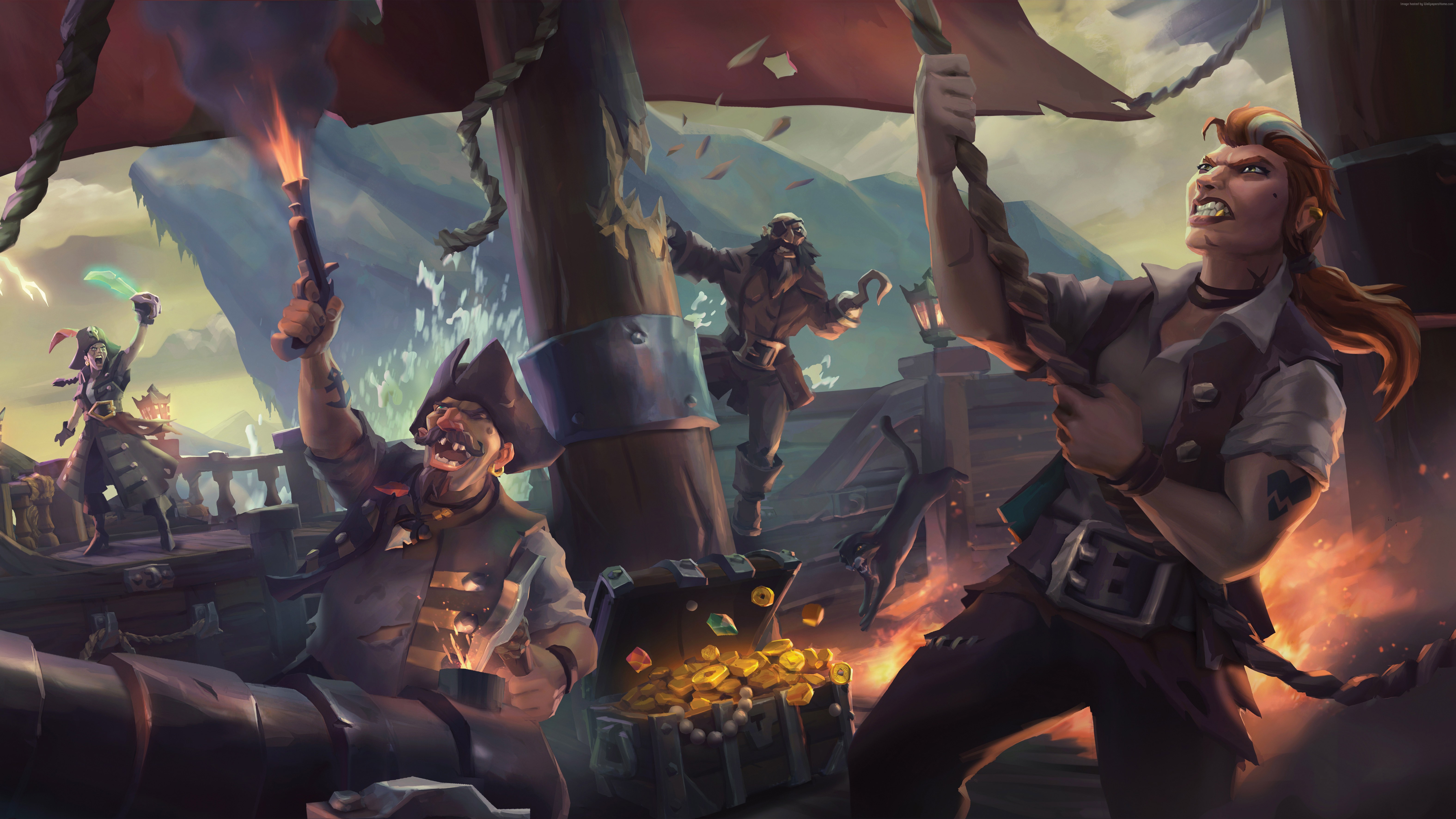 Sea of Thieves pirates celebrating with treasure HD Wallpaper