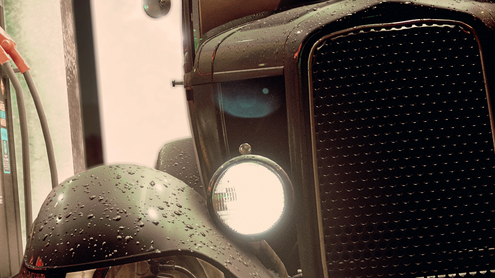 Classic black car with water droplets and headlight HD Wallpaper
