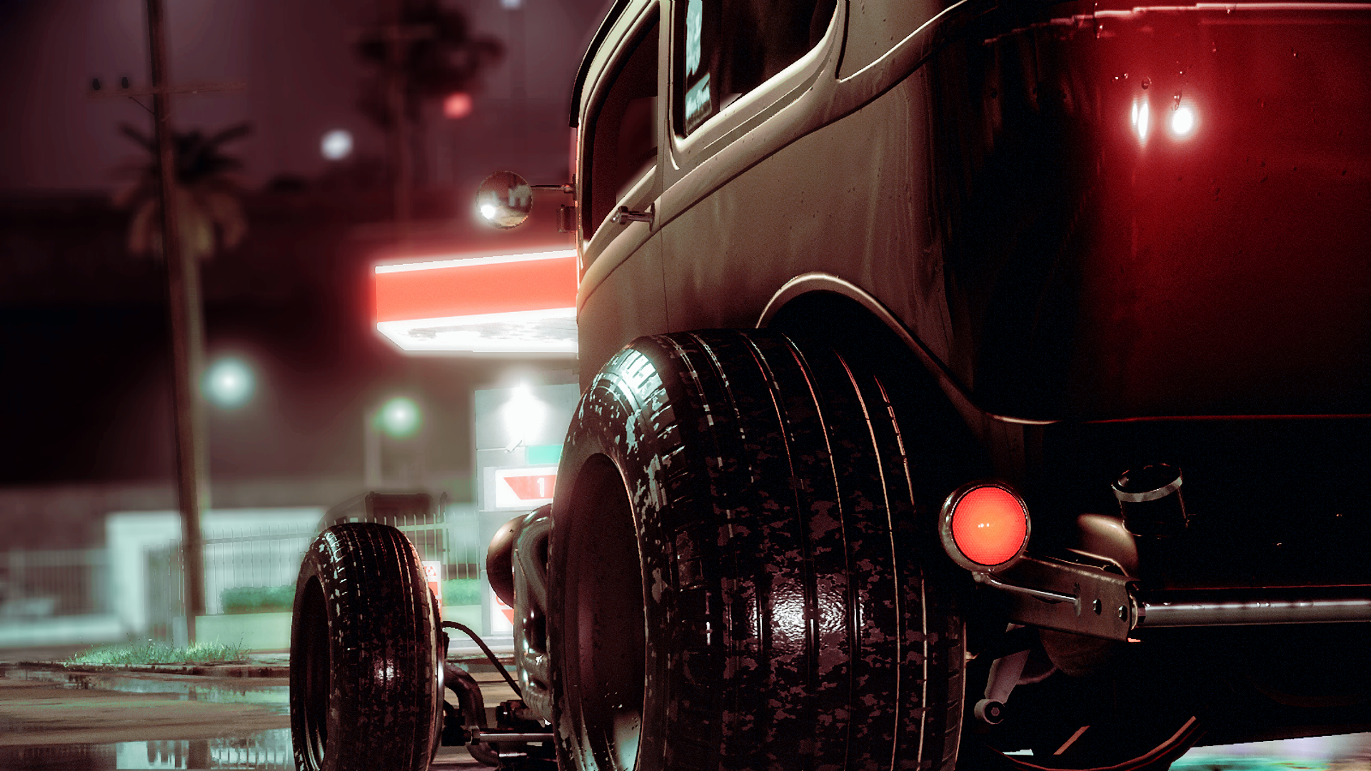 Rat Rod car at night with neon lights HD Wallpaper