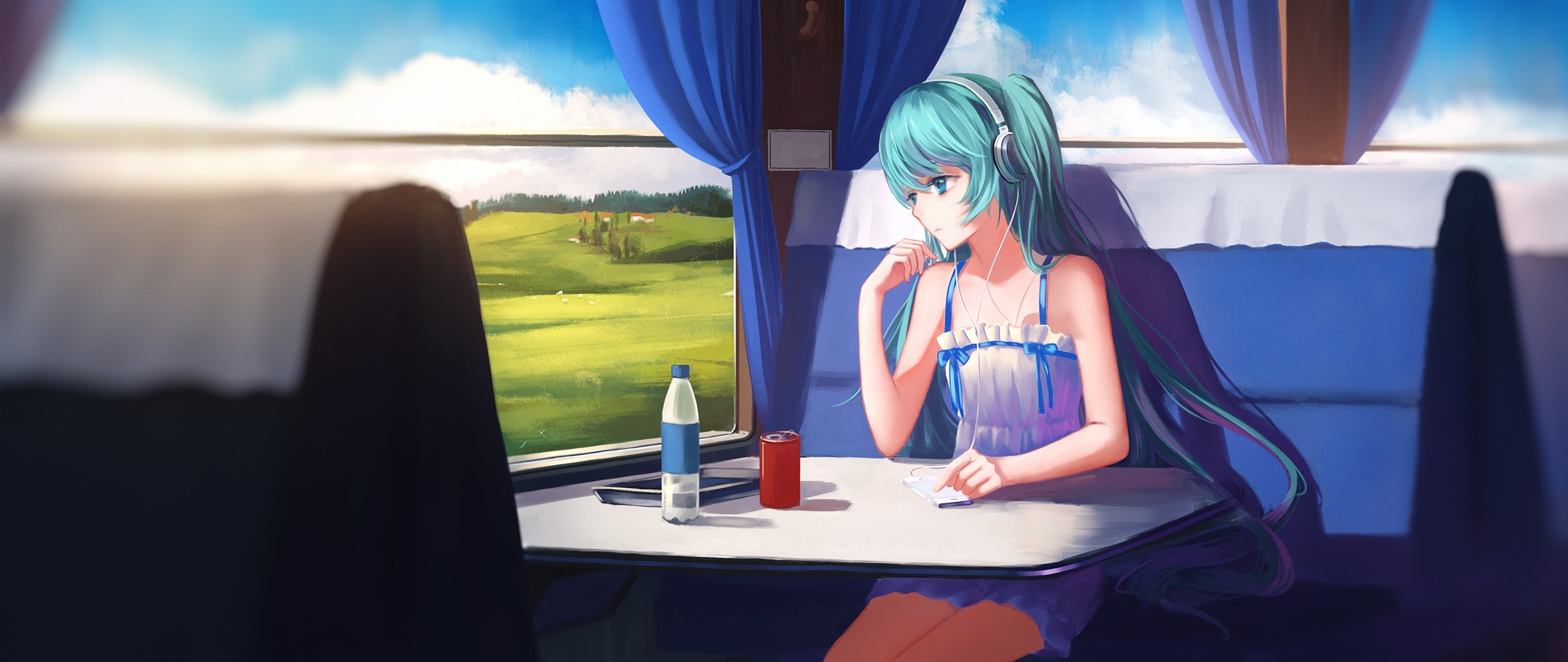 Hatsune Miku on a train looking out the window HD Wallpaper