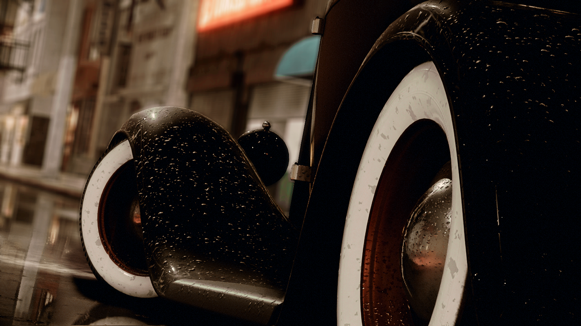 Close-up of a vintage black car with white tires at night HD Wallpaper