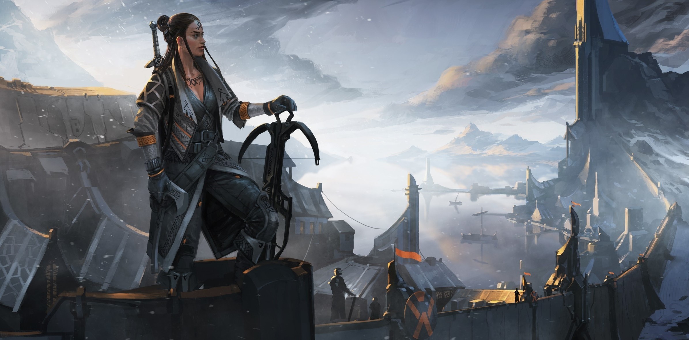 Fantasy art of a woman with a crossbow overlooking a city HD Wallpaper