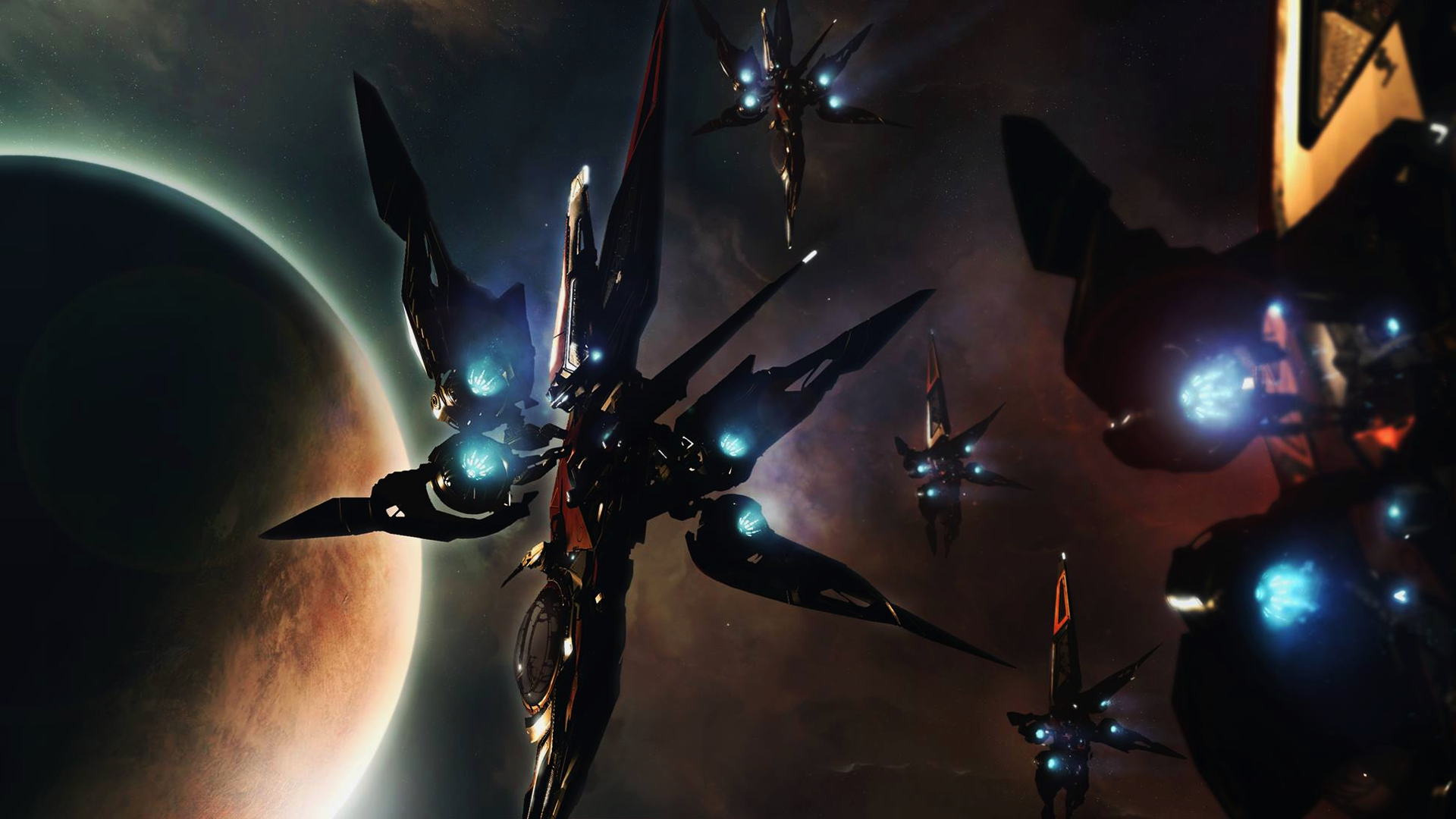 Star Citizen space battle with alien ships near a planet HD Wallpaper