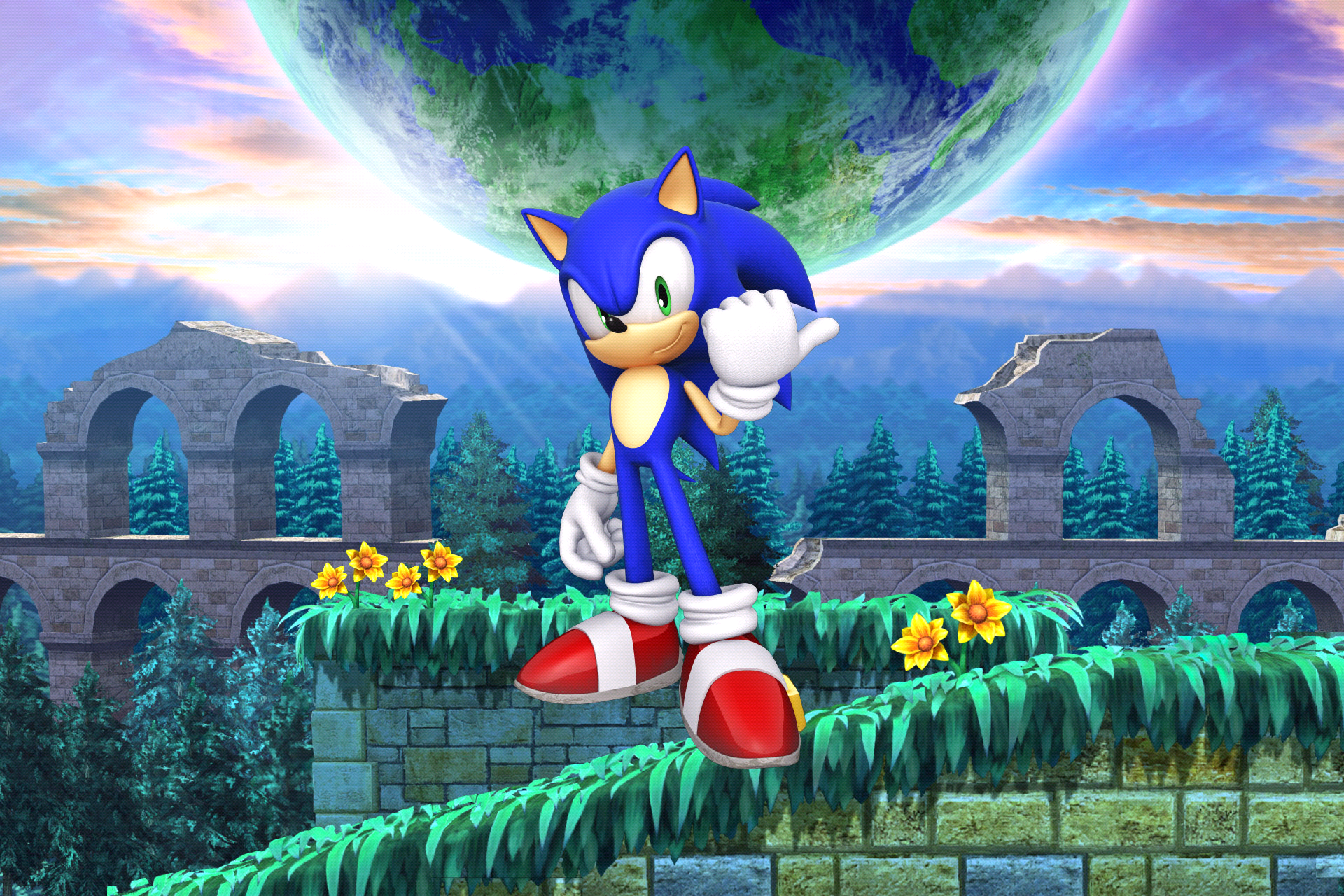 Sonic the Hedgehog Standing on Ruins with Earth in Background HD Wallpaper