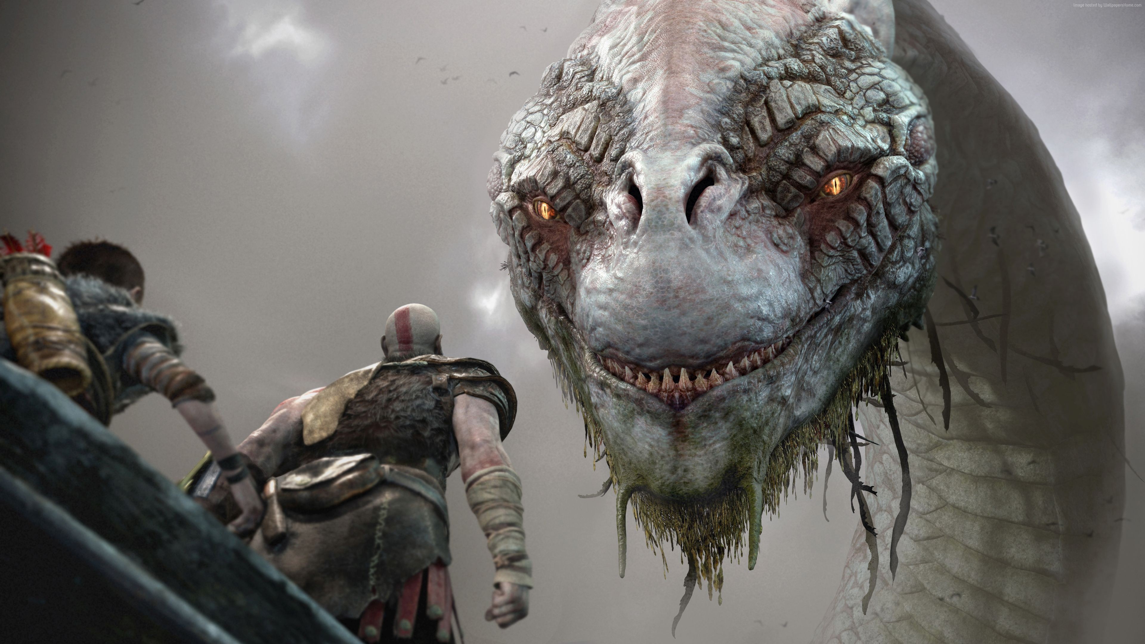 Kratos and Atreus face a dragon in God of War 4K HD Wallpaper