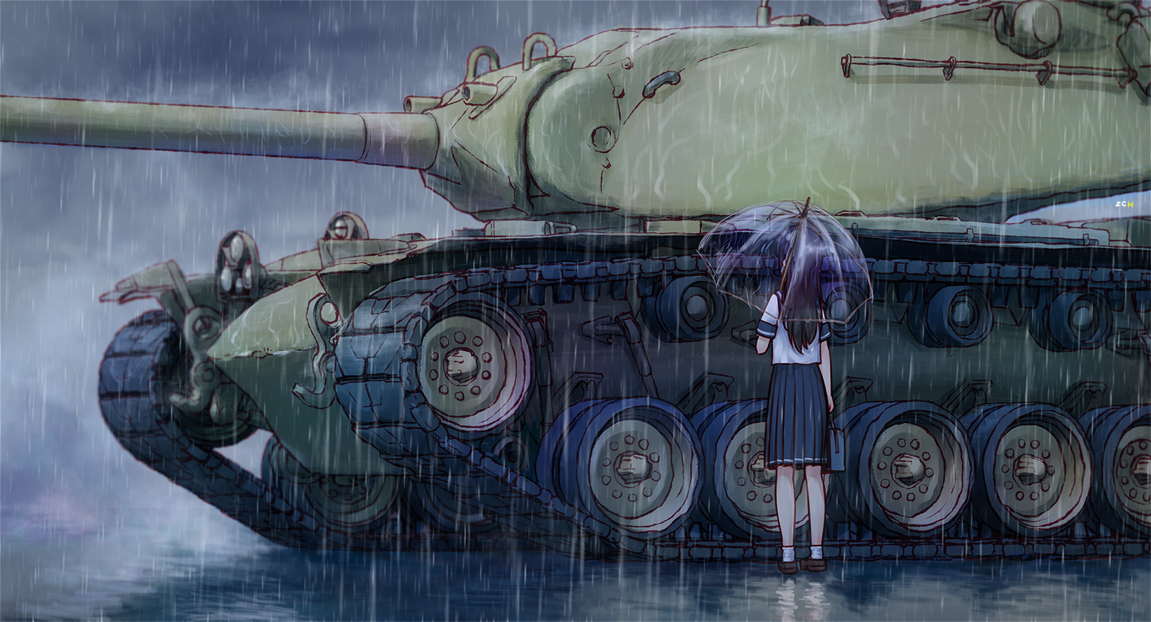 Girl with umbrella next to M103 tank in rain HD Wallpaper