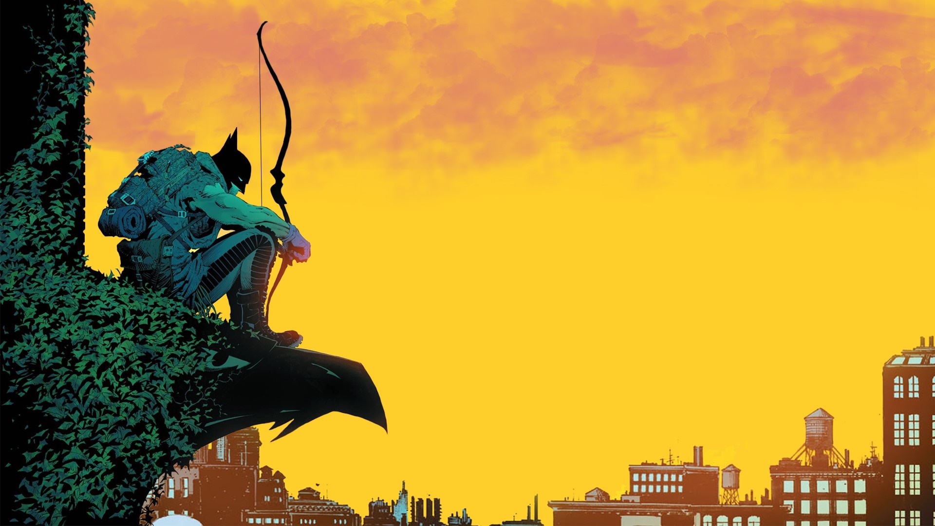 Batman sitting on a gargoyle with a bow and arrow HD Wallpaper