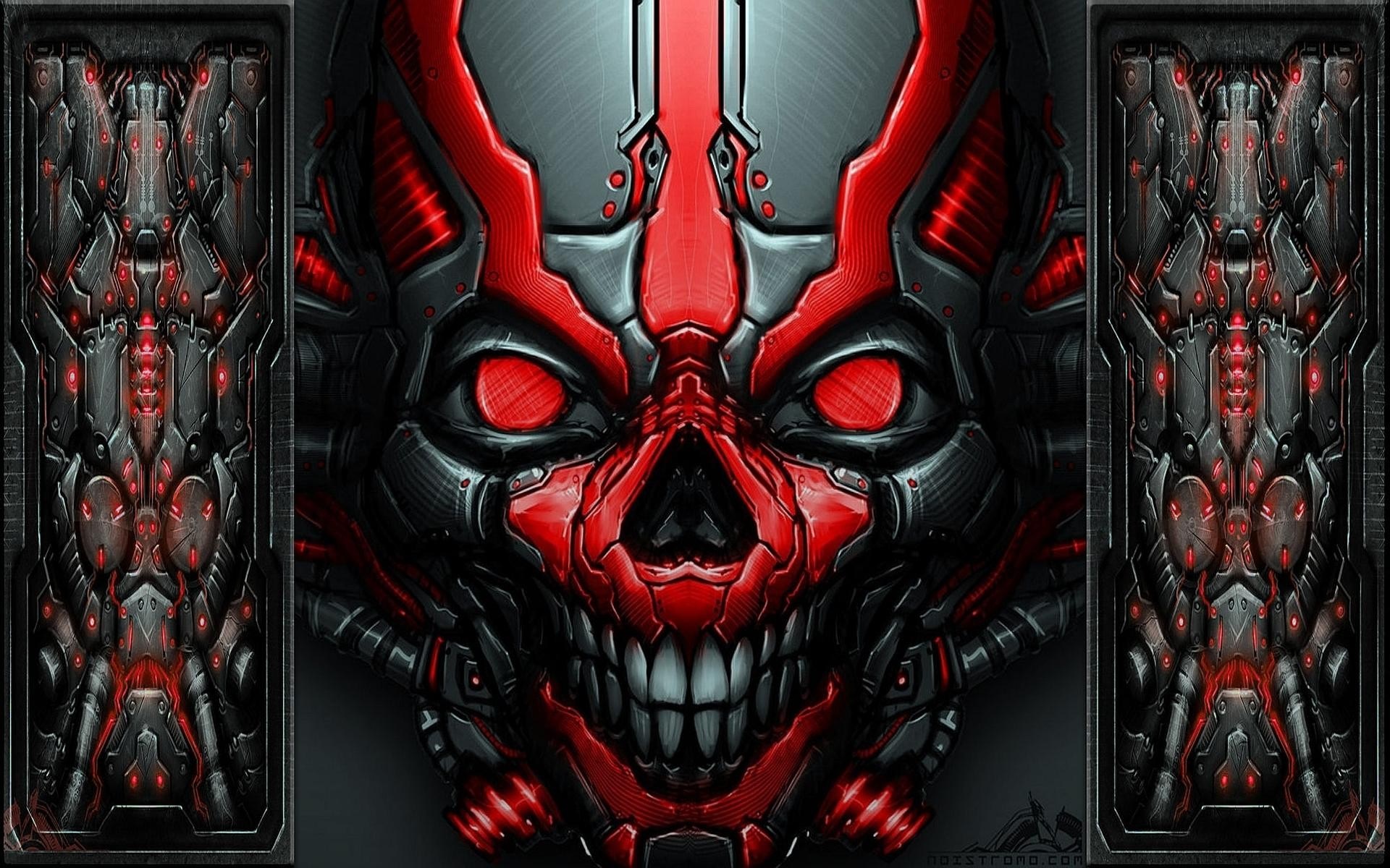 Mechanical Skull with Red Eyes and Ornate Panels HD Wallpaper